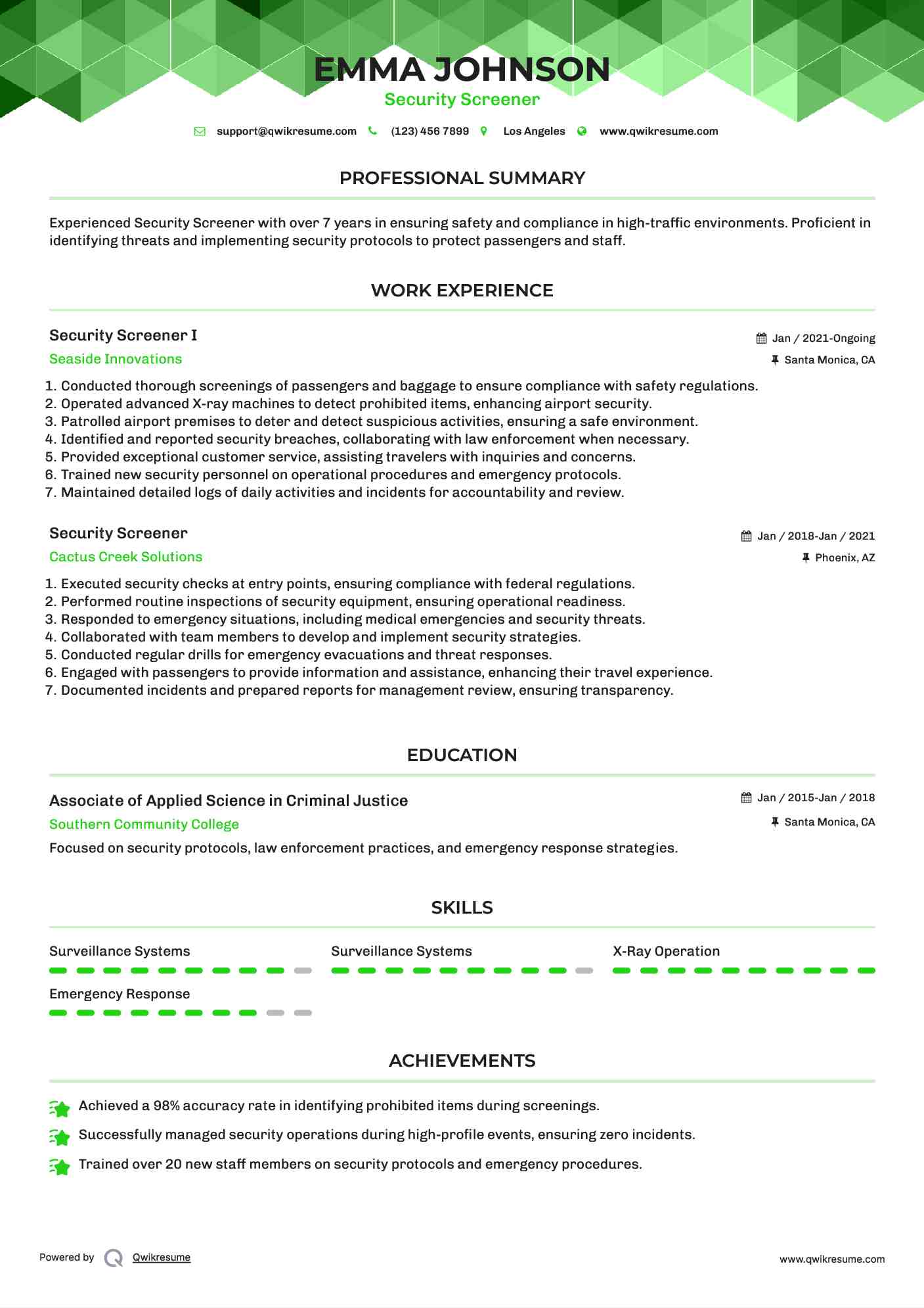 Security Screener Resume Samples QwikResume