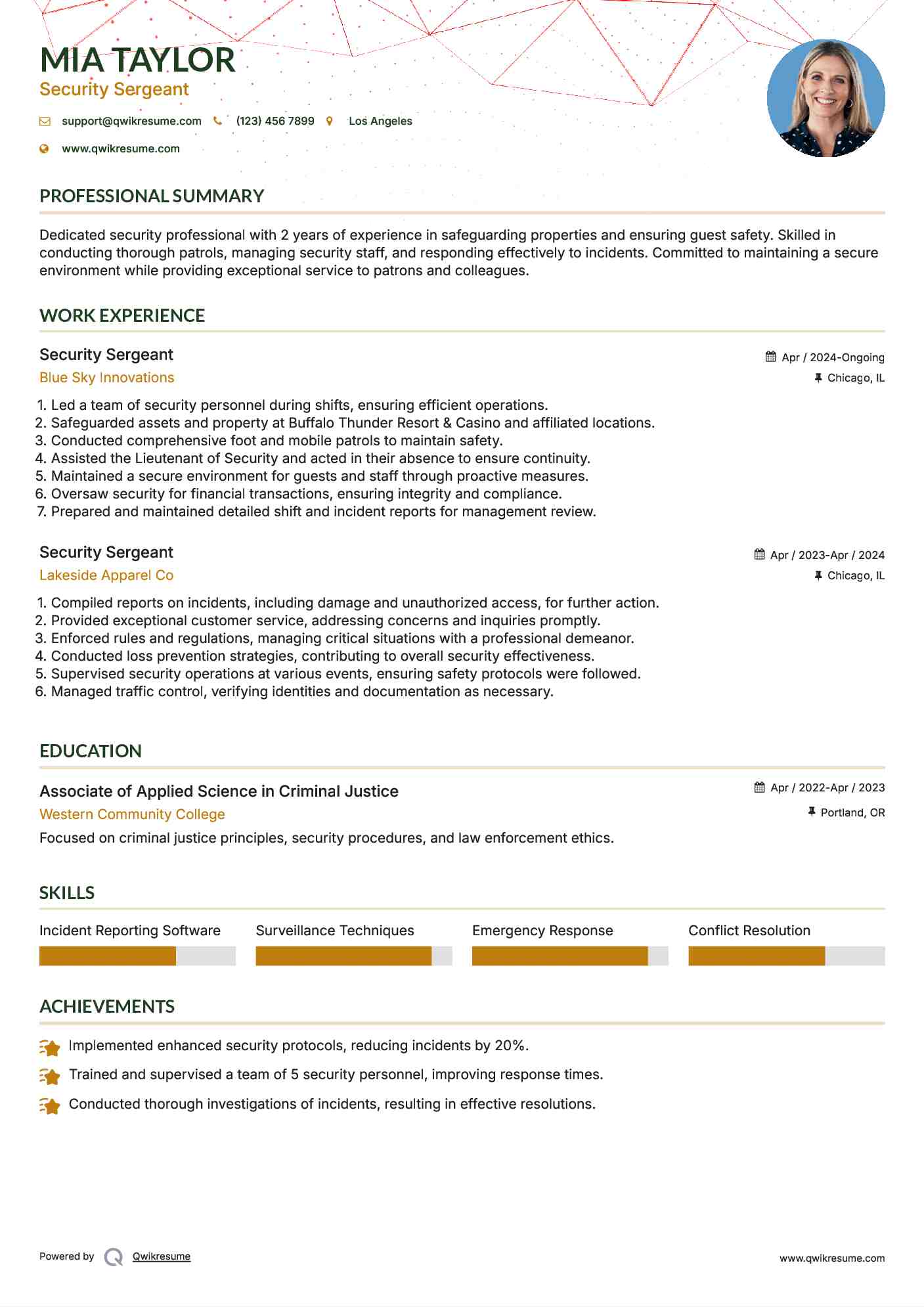 Security Sergeant Resume Sample