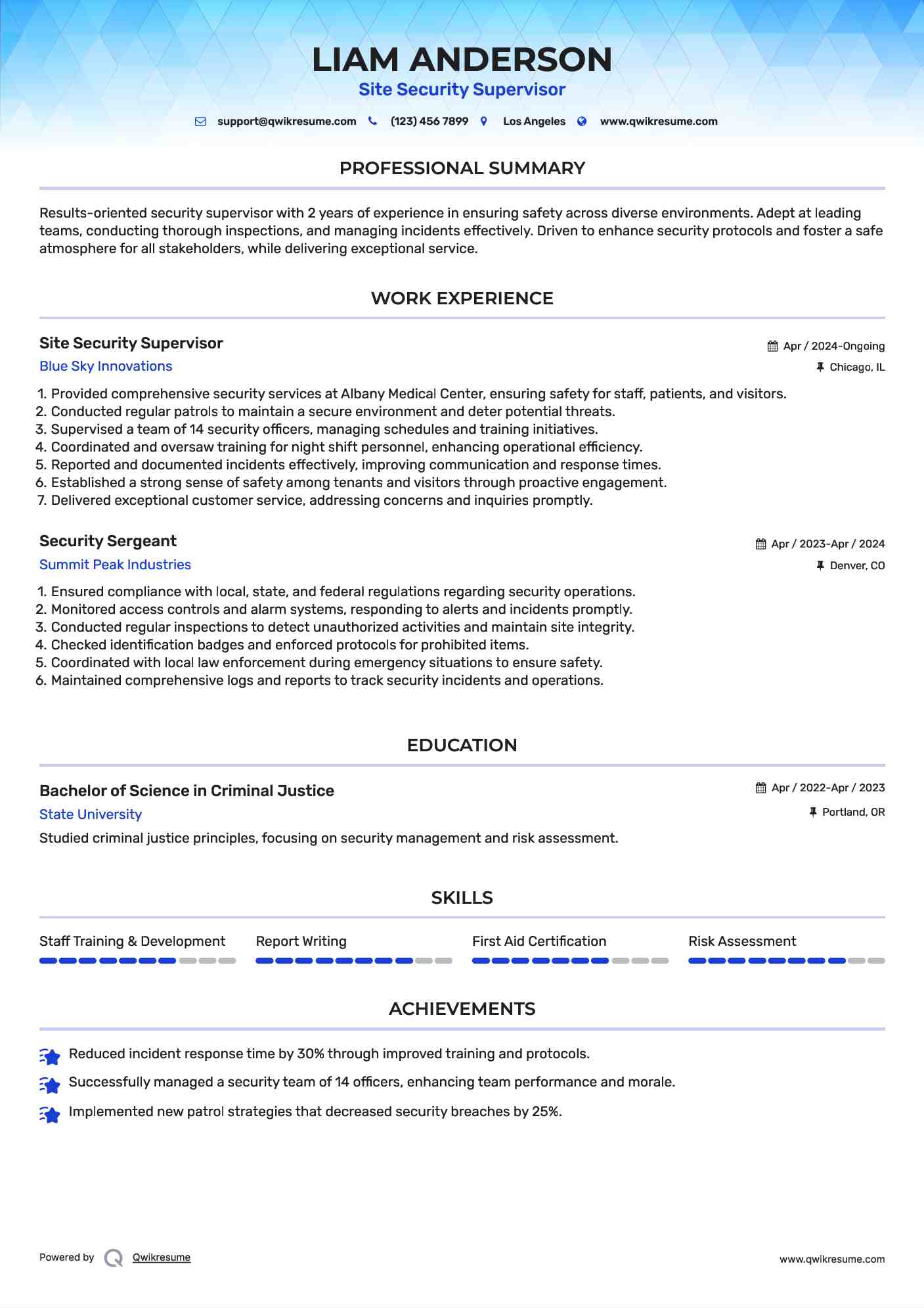 Site Security Supervisor Resume Model