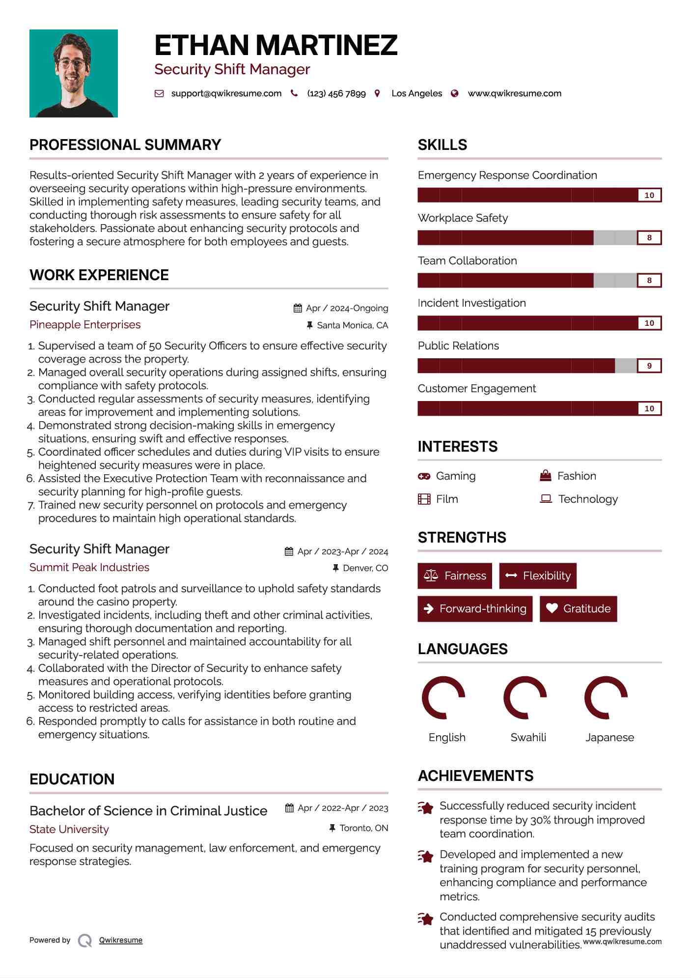 Security Shift Manager Resume Samples QwikResume