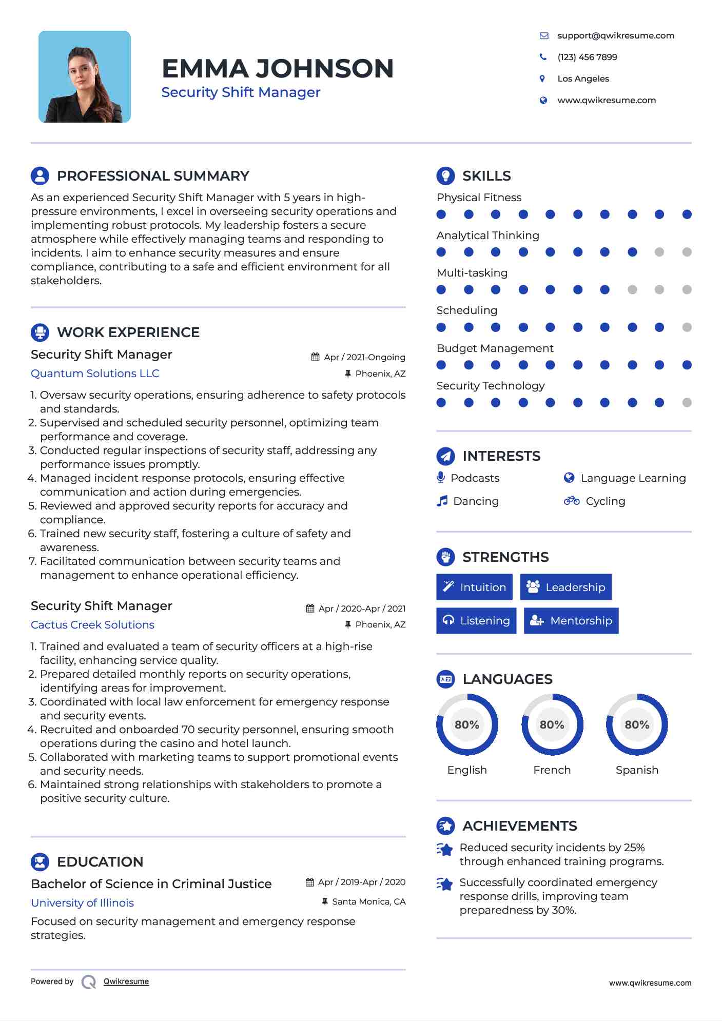 Security Shift Manager Resume Samples QwikResume