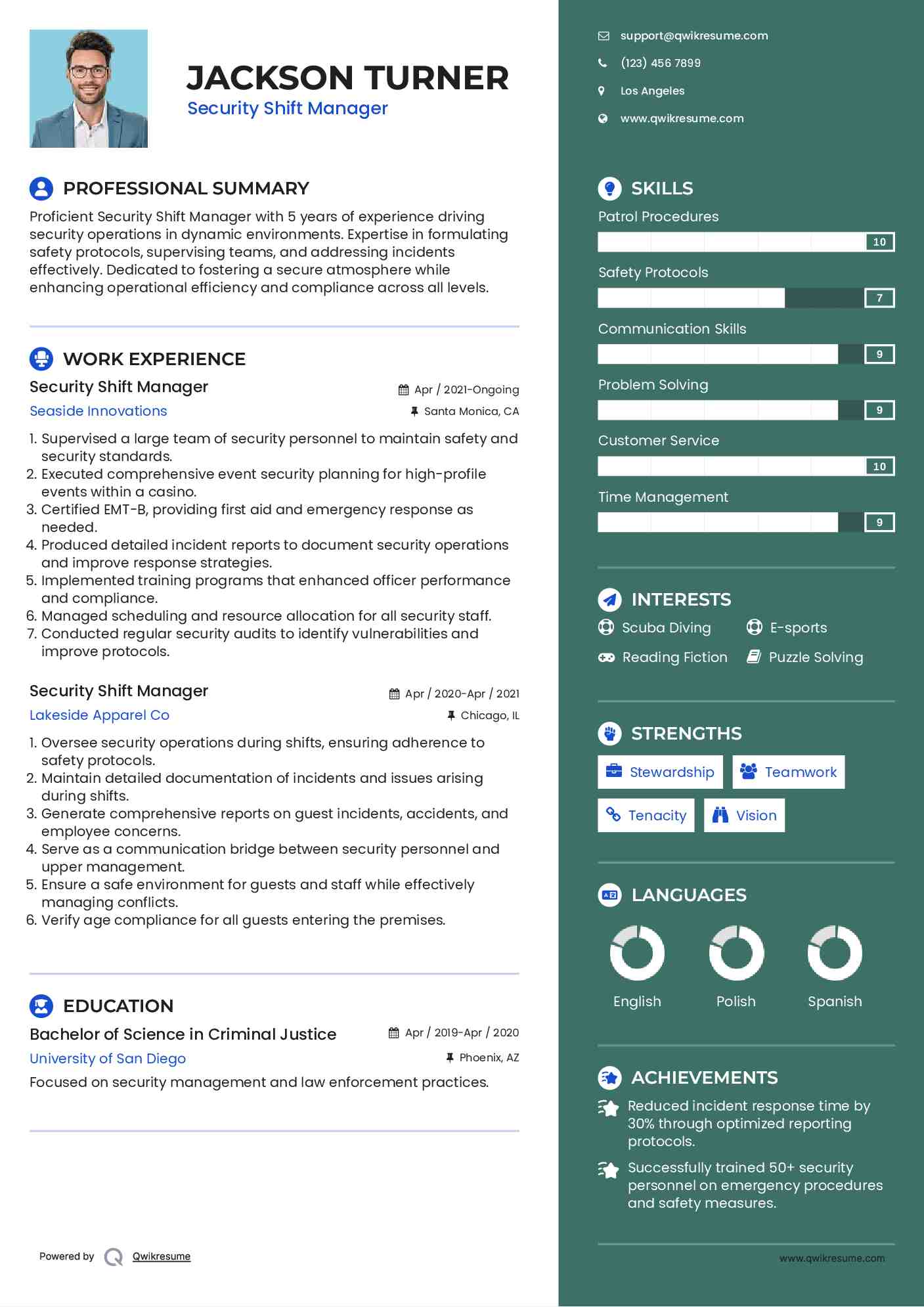 Security Shift Manager Resume Samples QwikResume