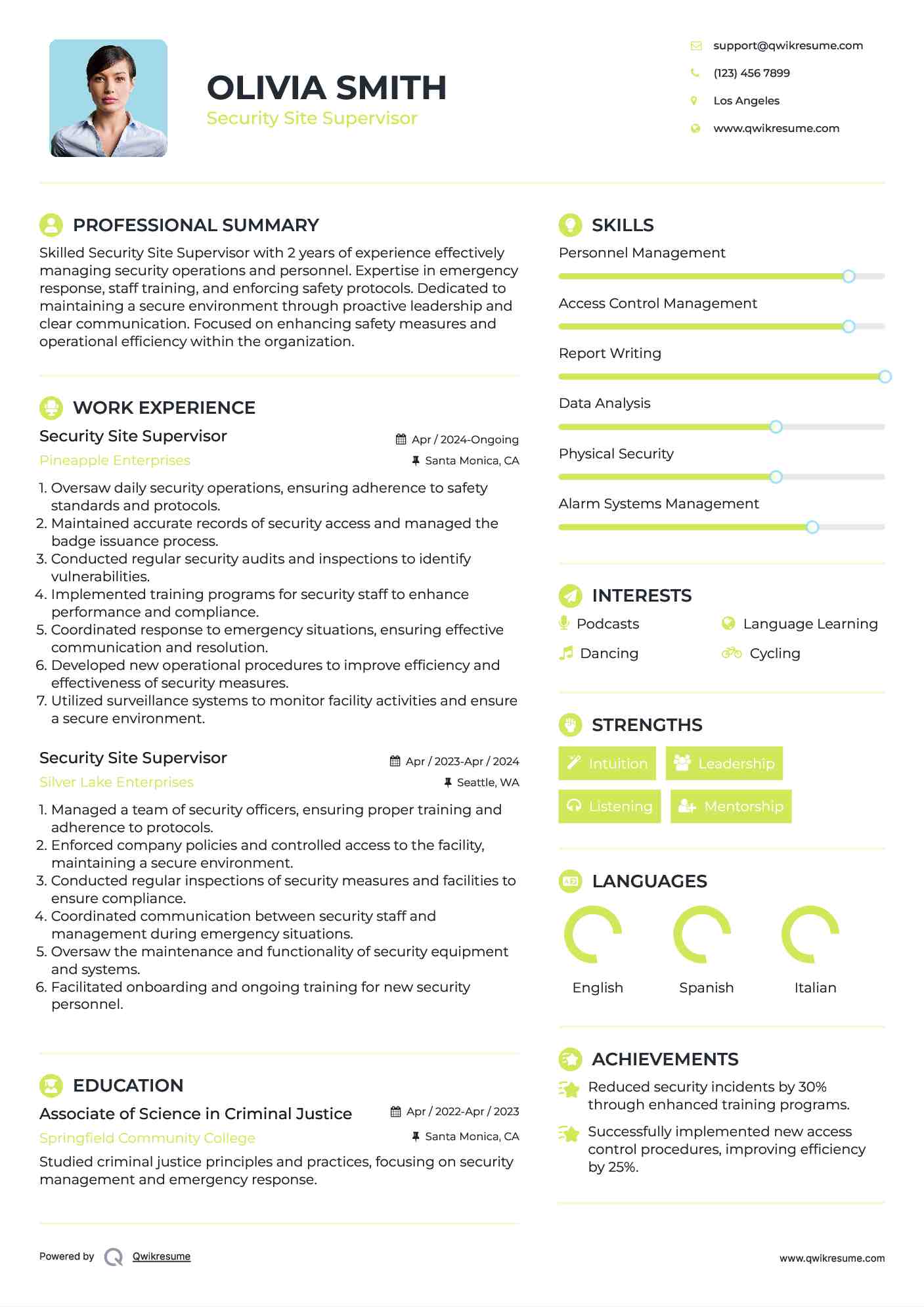 Security Site Supervisor Resume Template