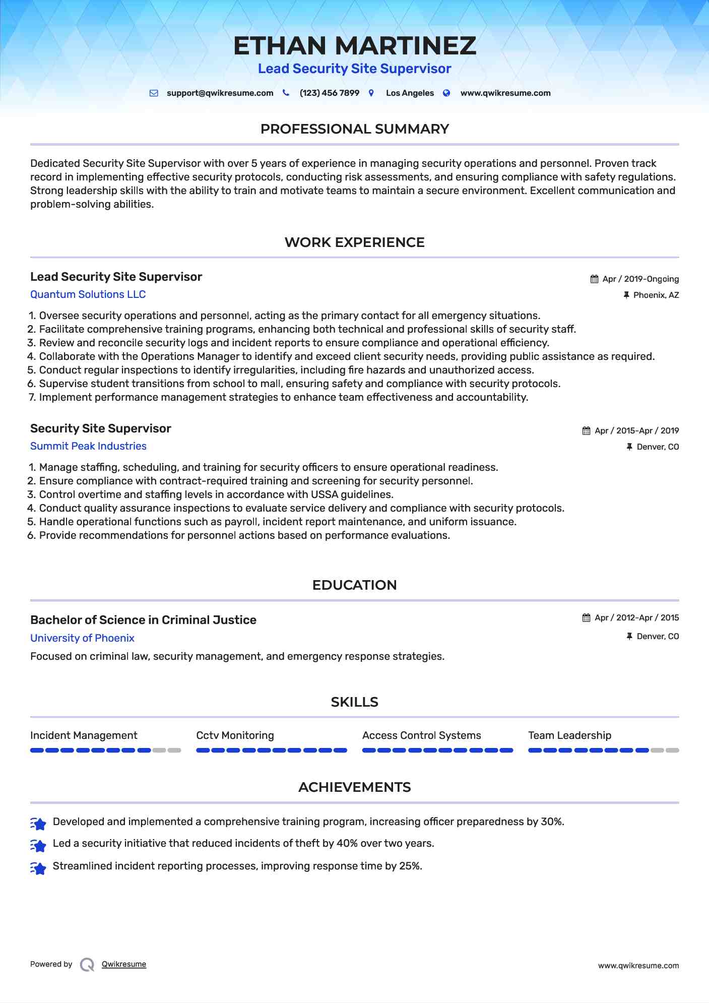 Lead Security Site Supervisor Resume Example