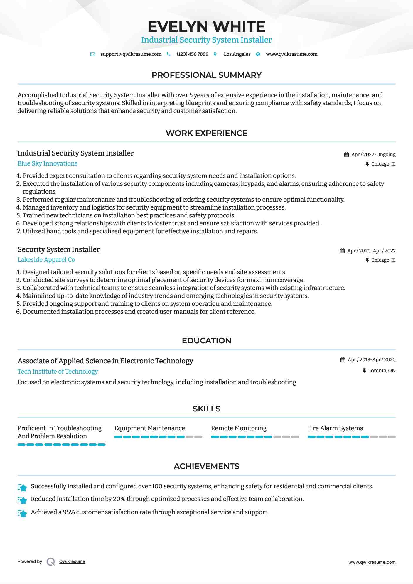 Security System Installer Resume Samples QwikResume