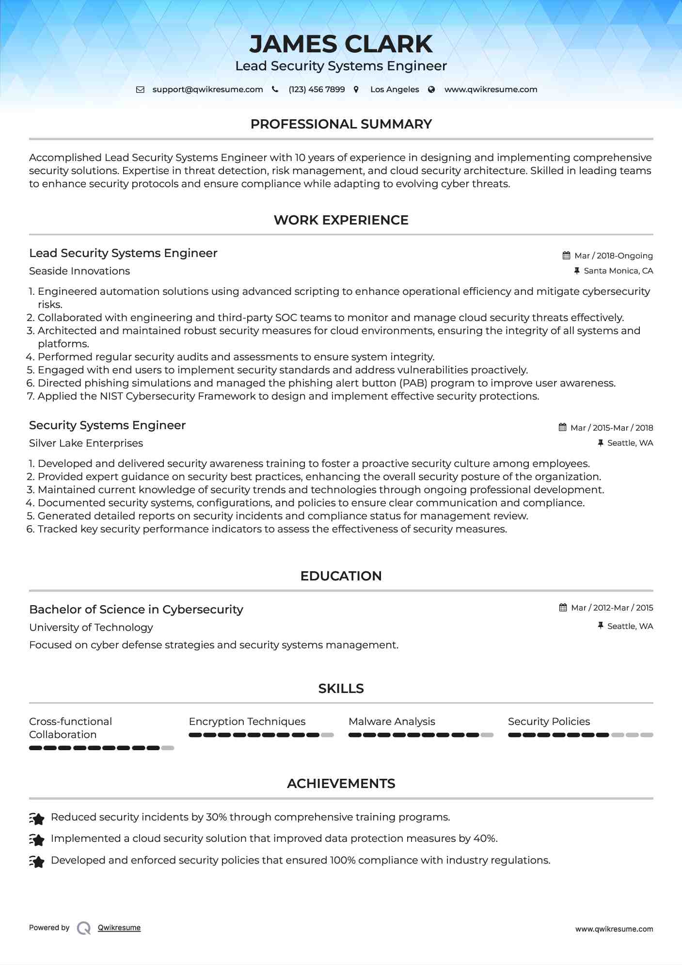 Lead Security Systems Engineer Resume Template