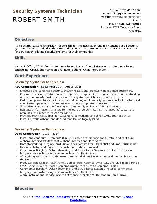 Security Systems Technician Resume Samples QwikResume