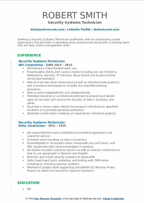Security Systems Technician Resume Samples QwikResume