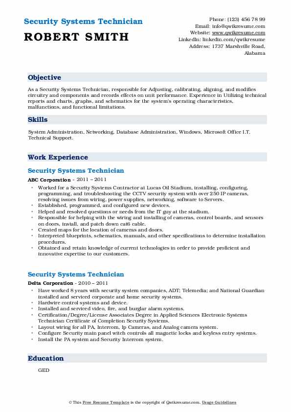 Security Systems Technician Resume Samples QwikResume