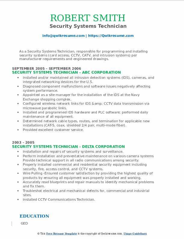 Security Systems Technician Resume Samples QwikResume