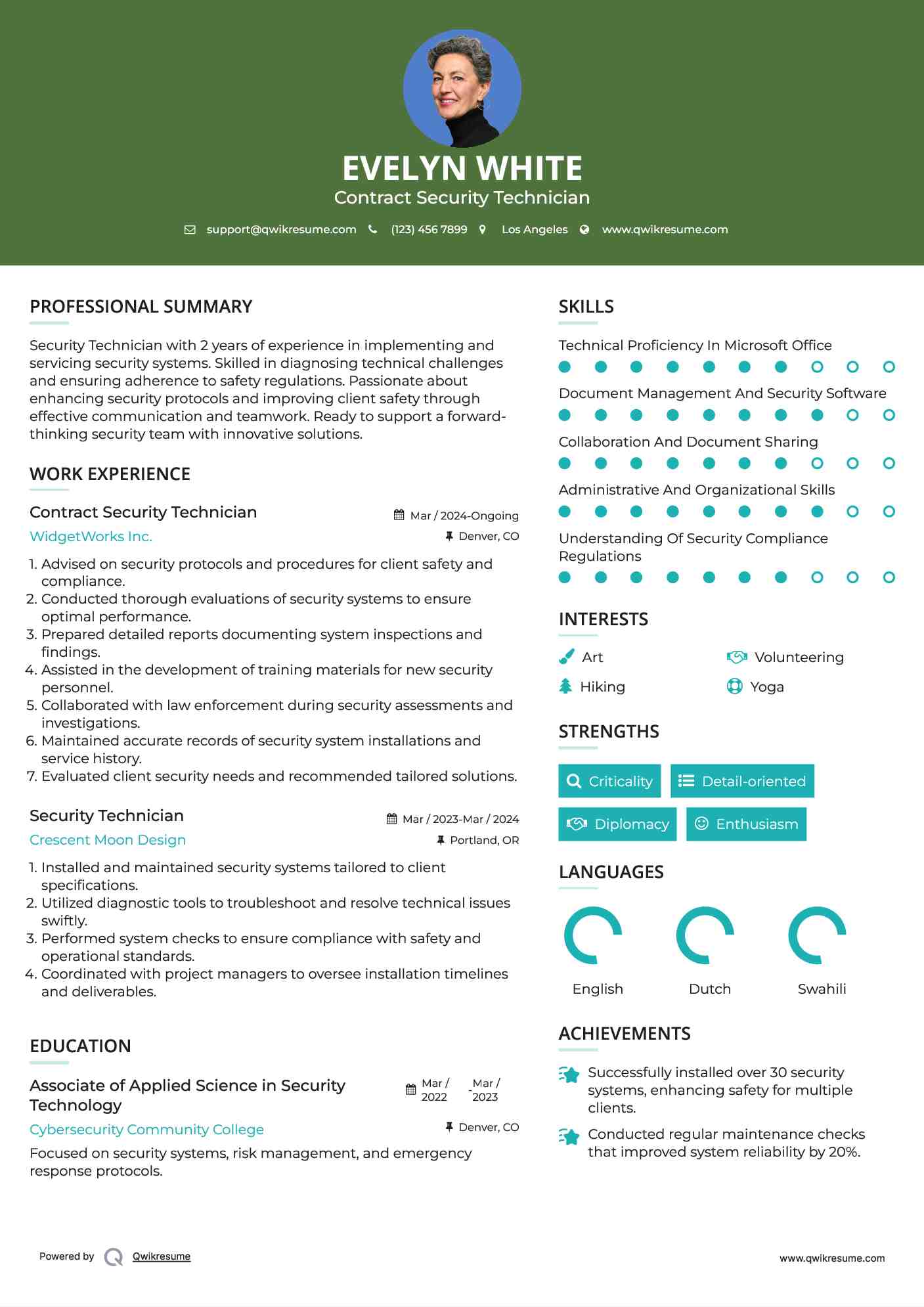 Contract Security Technician Resume Sample