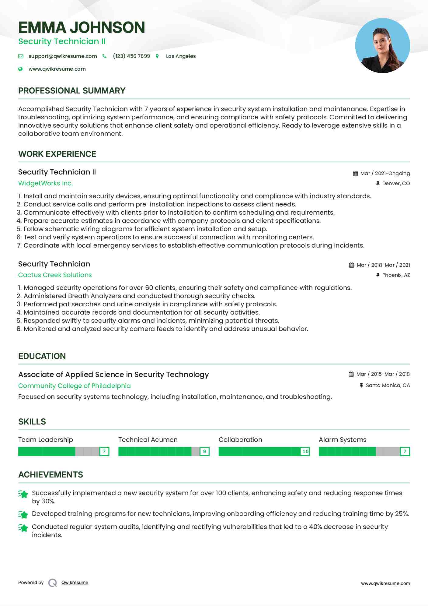 Security Technician II Resume Example