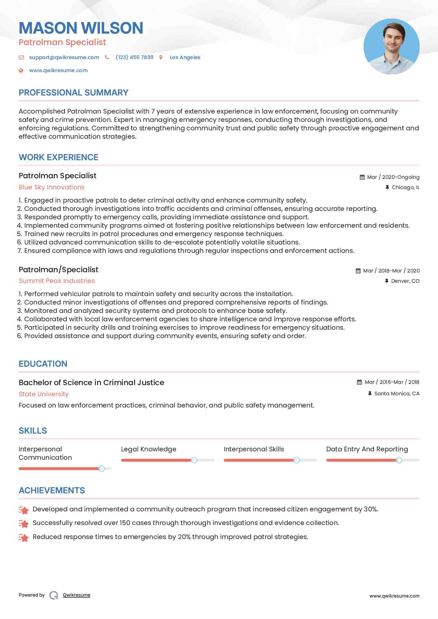 Patrolman Specialist Resume Sample