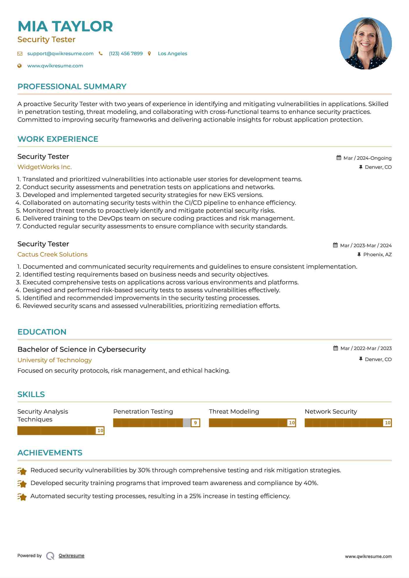 Security Tester Resume Model