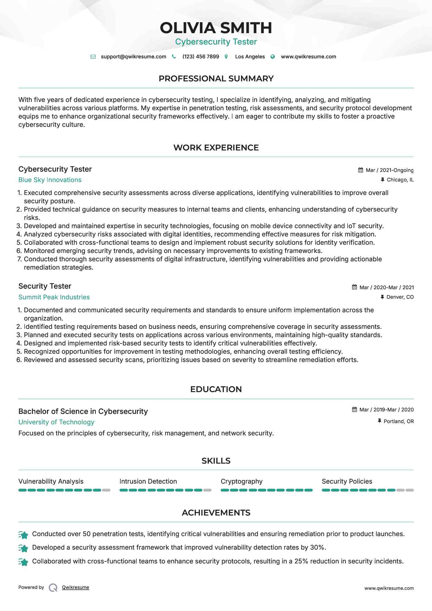 Cybersecurity Tester Resume Example