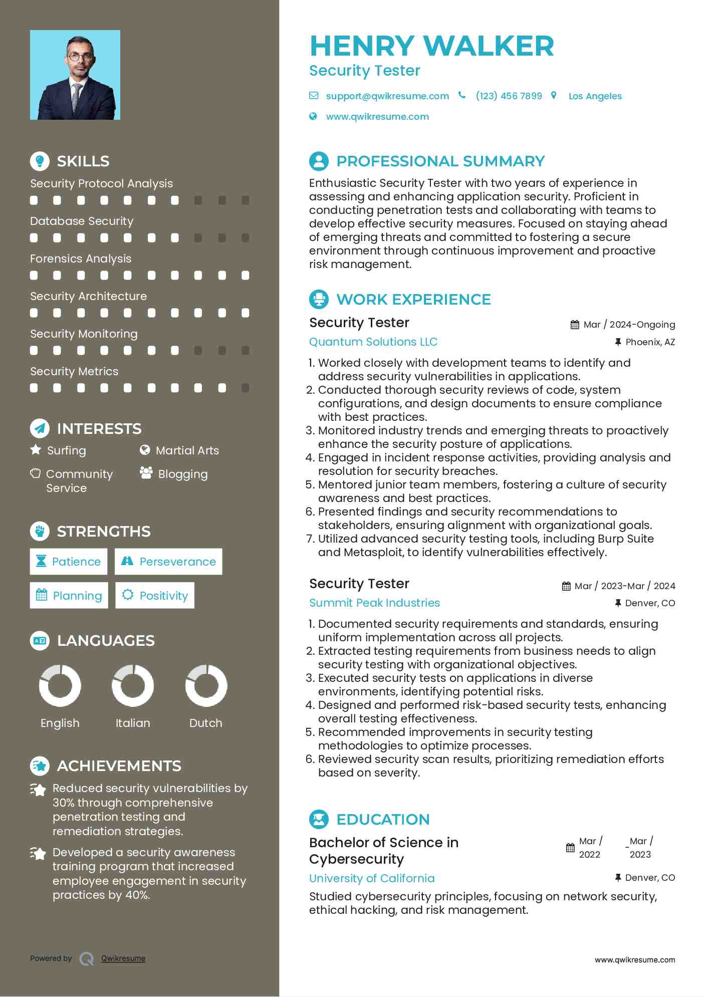Security Tester Resume Example