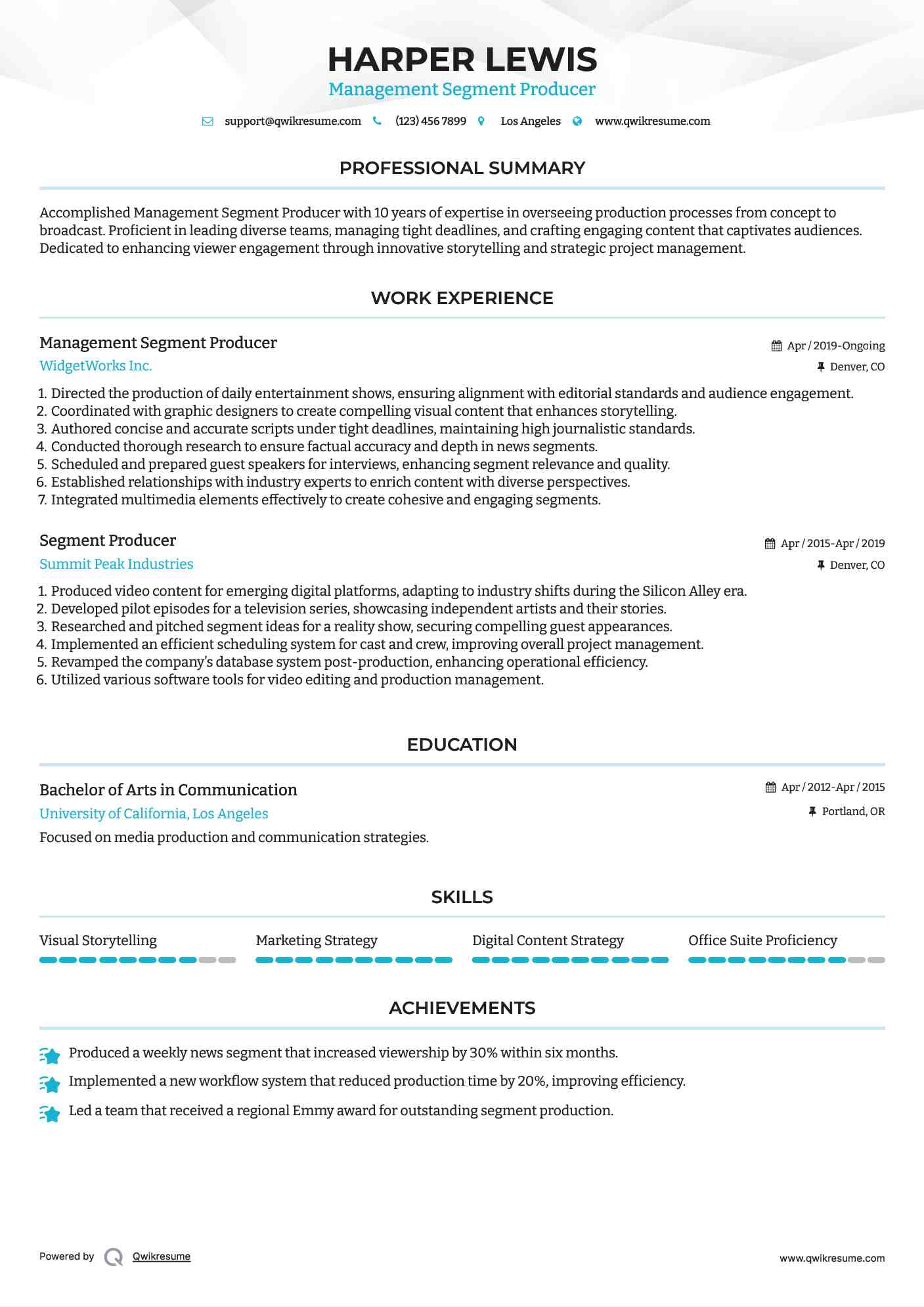 Management Segment Producer Resume Model