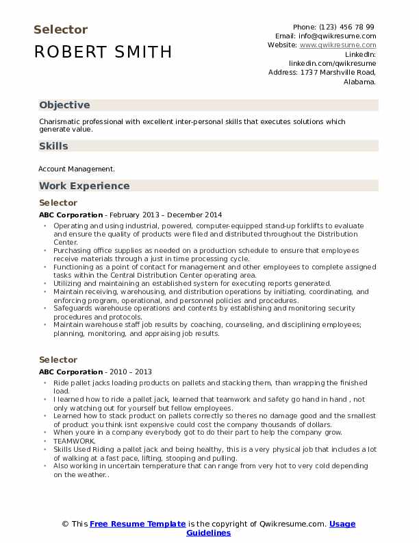 Selector Resume Samples QwikResume