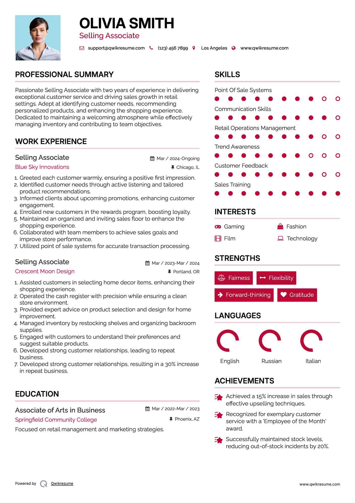 Selling Associate Resume Format