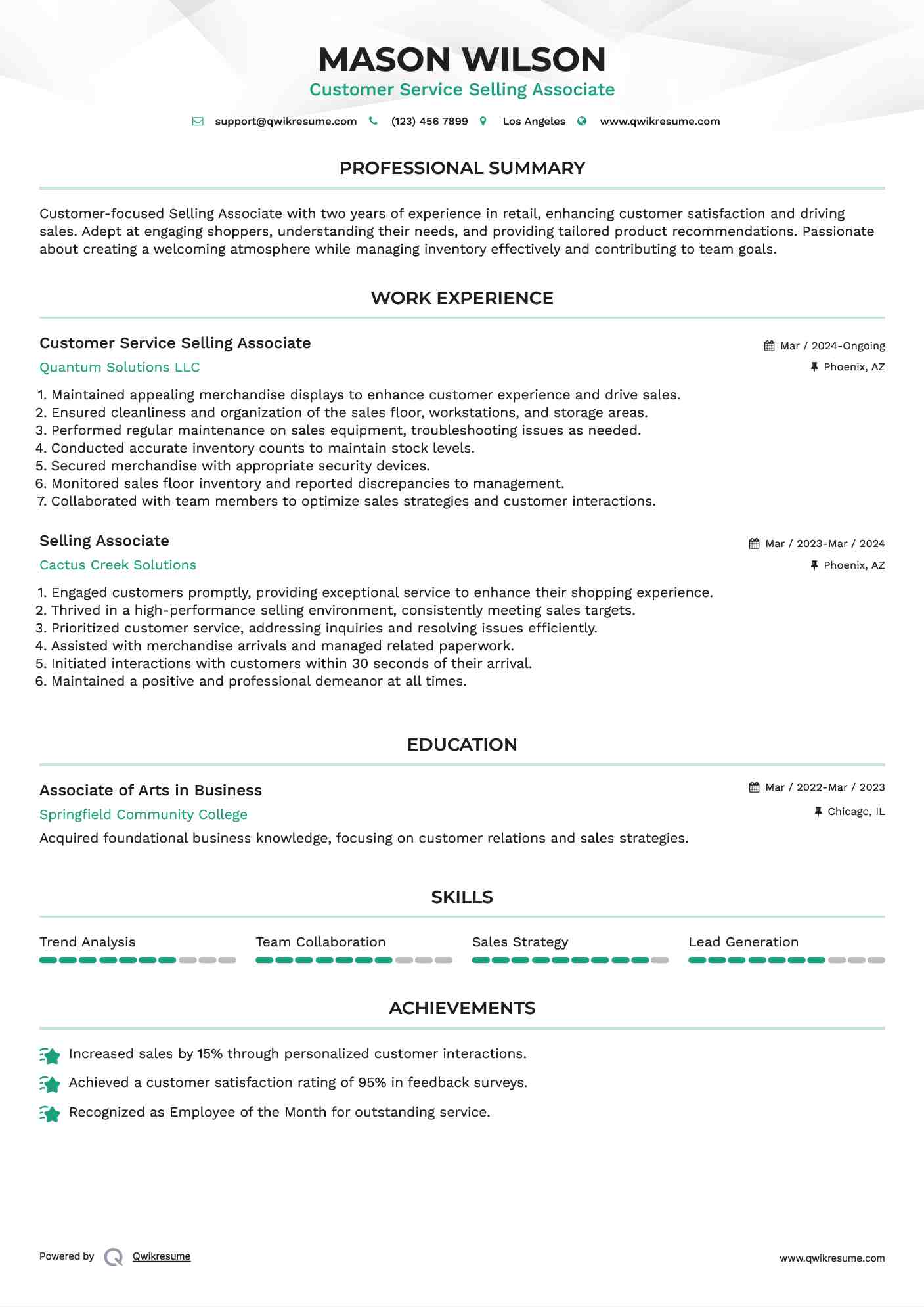 Customer Service Selling Associate Resume Sample