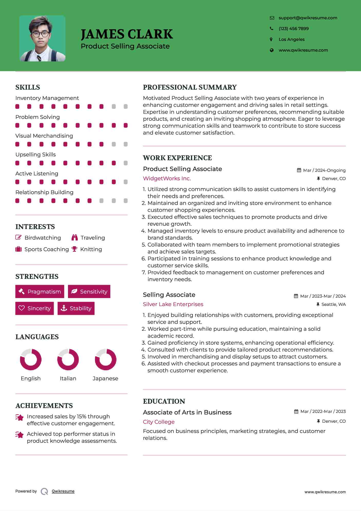 Product Selling Associate Resume Example