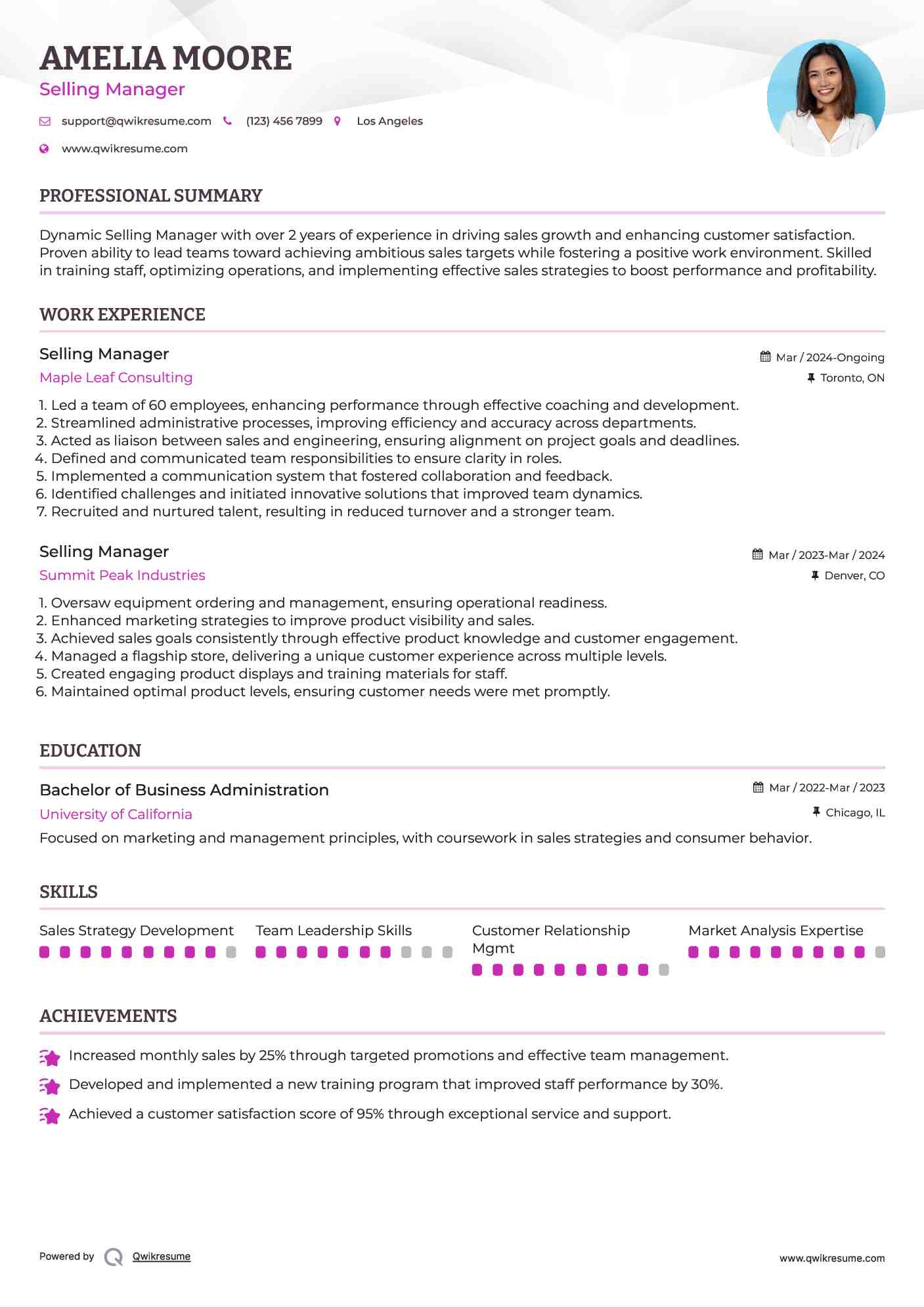 Selling Manager Resume Model