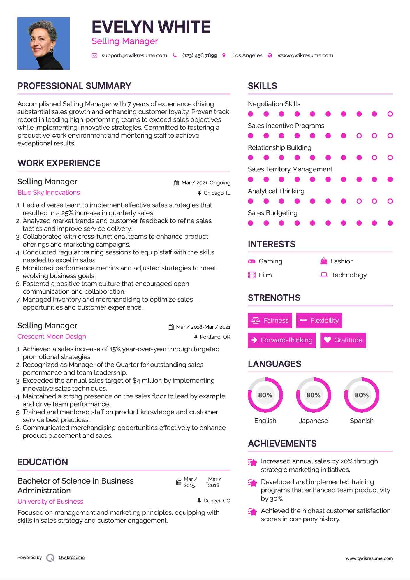 Selling Manager Resume Model