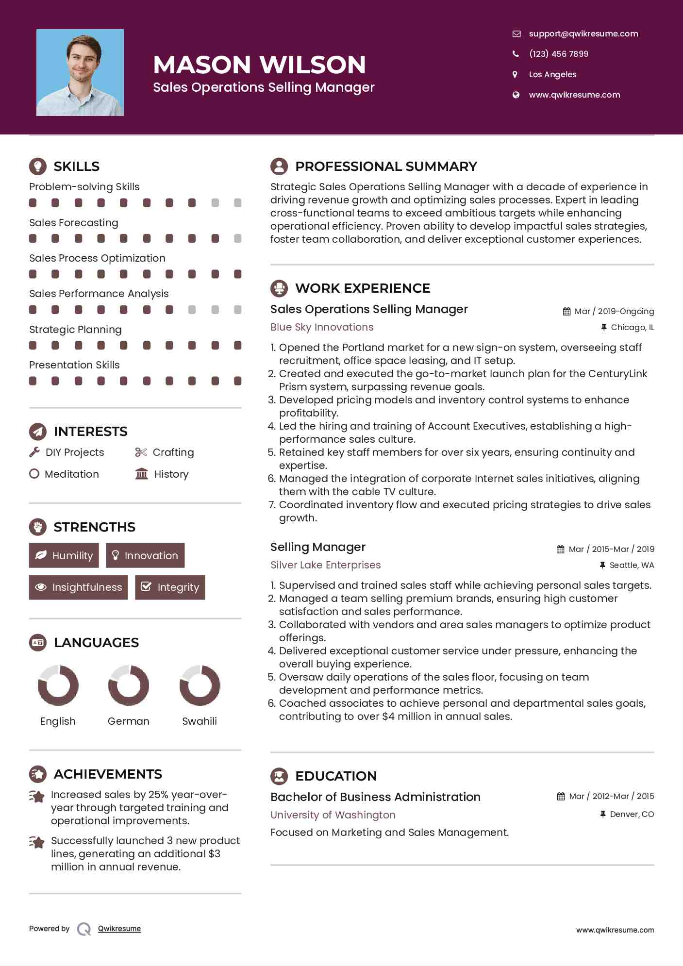 Sales Operations Selling Manager Resume Example