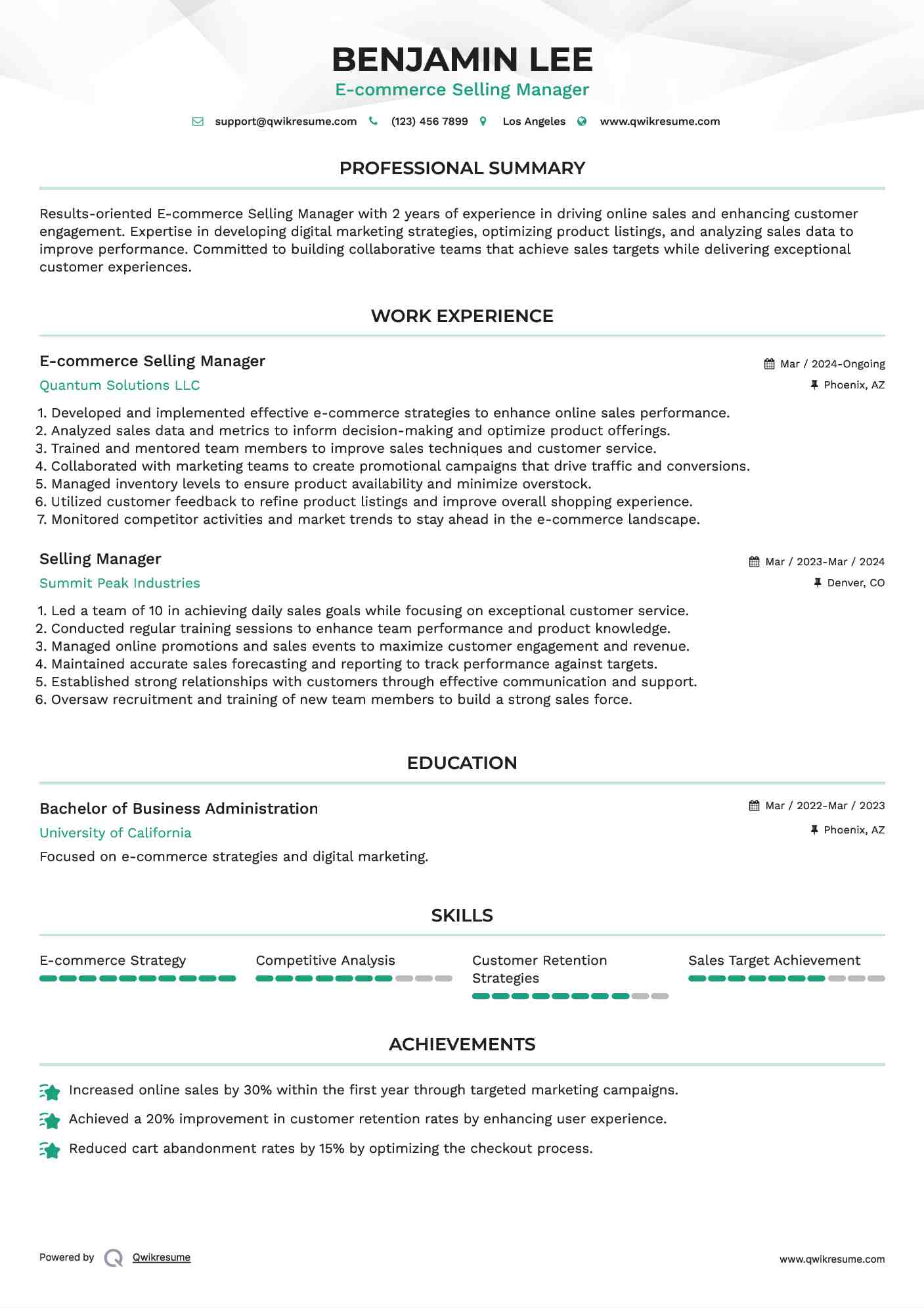 E-commerce Selling Manager Resume Example