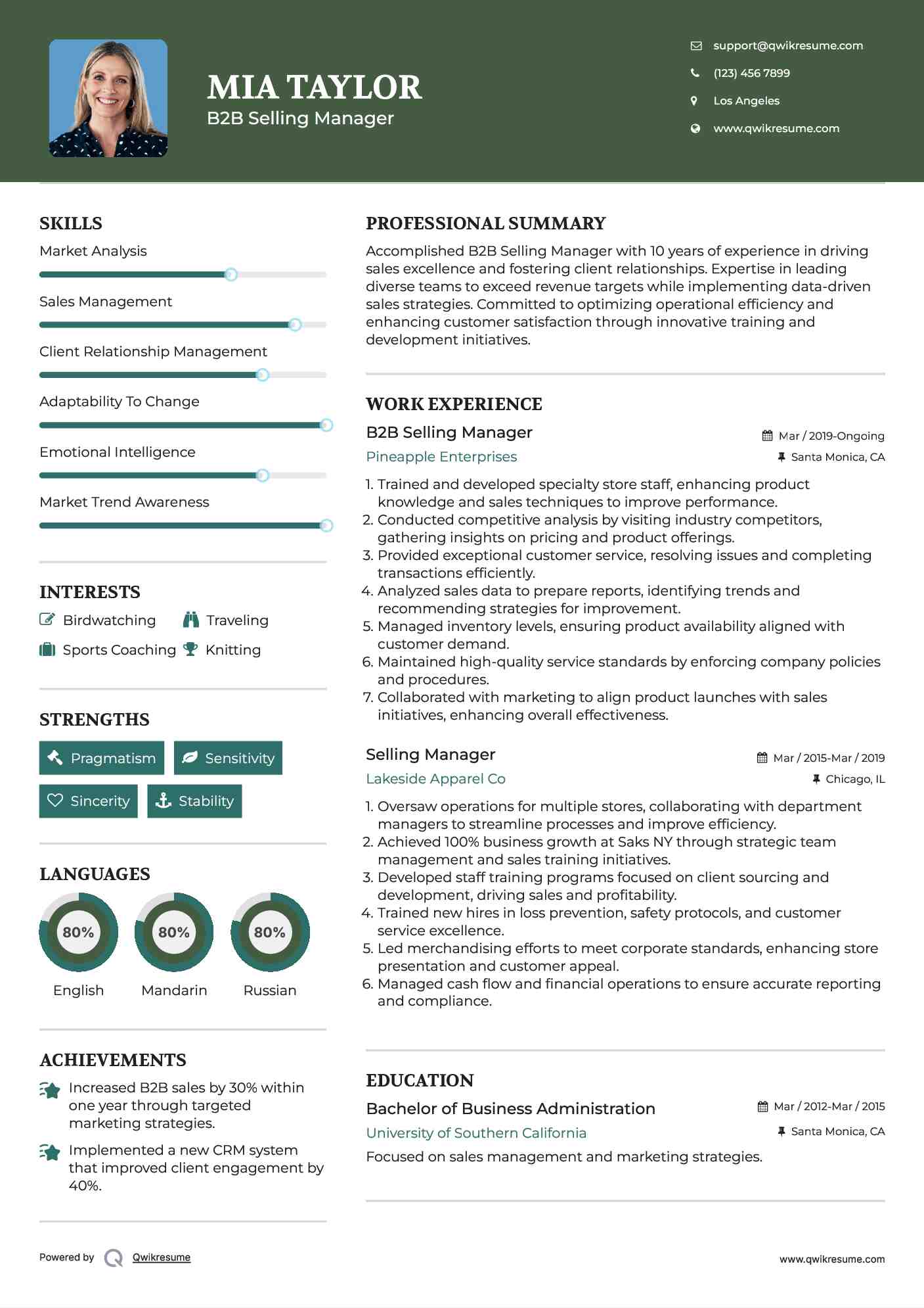B2B Selling Manager Resume Sample