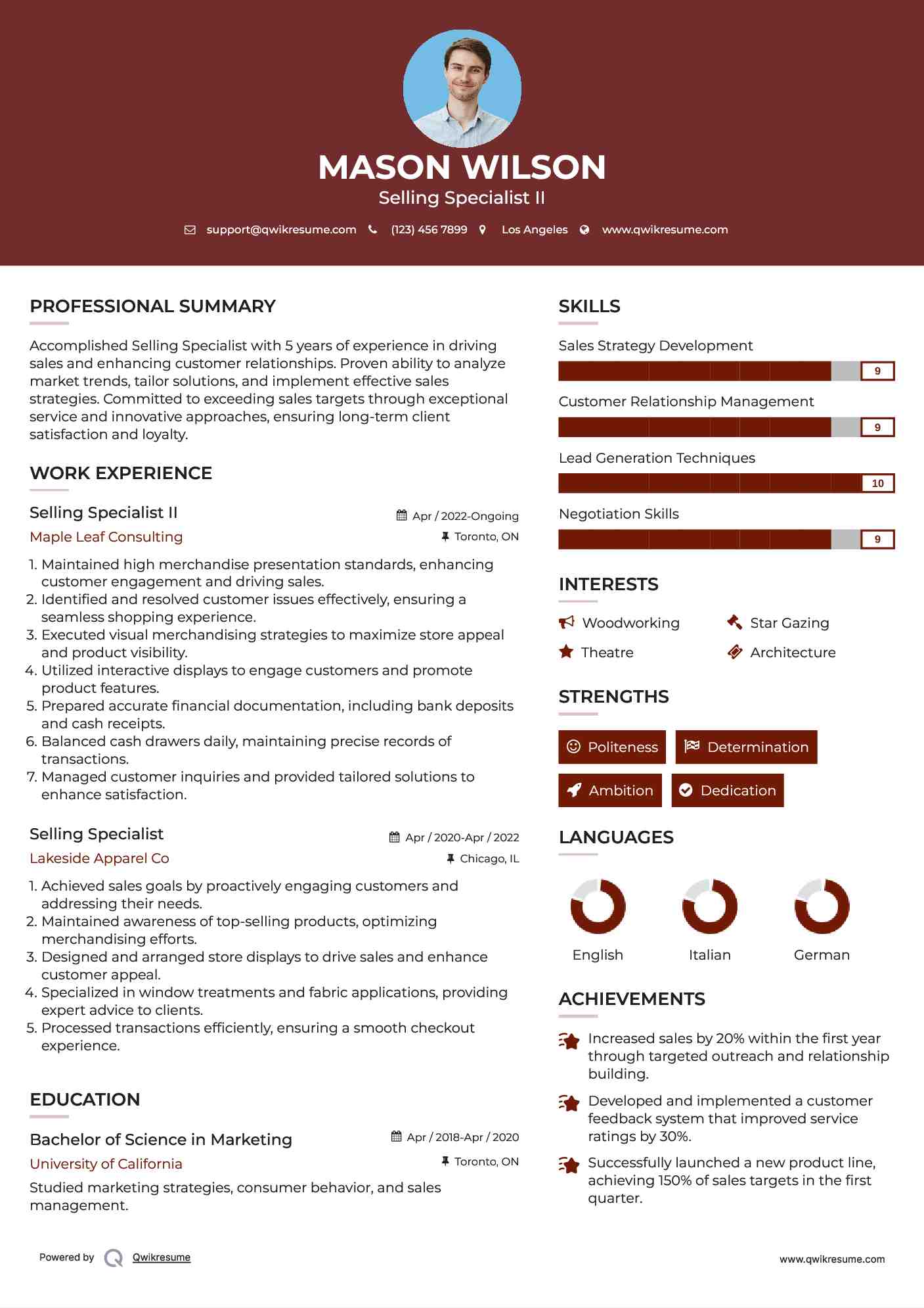 Selling Specialist II Resume Sample