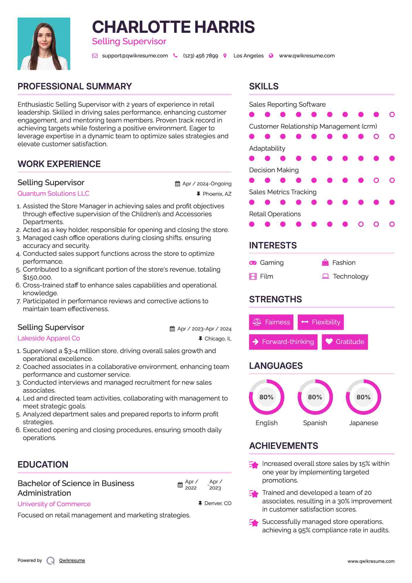 Selling Supervisor Resume Sample