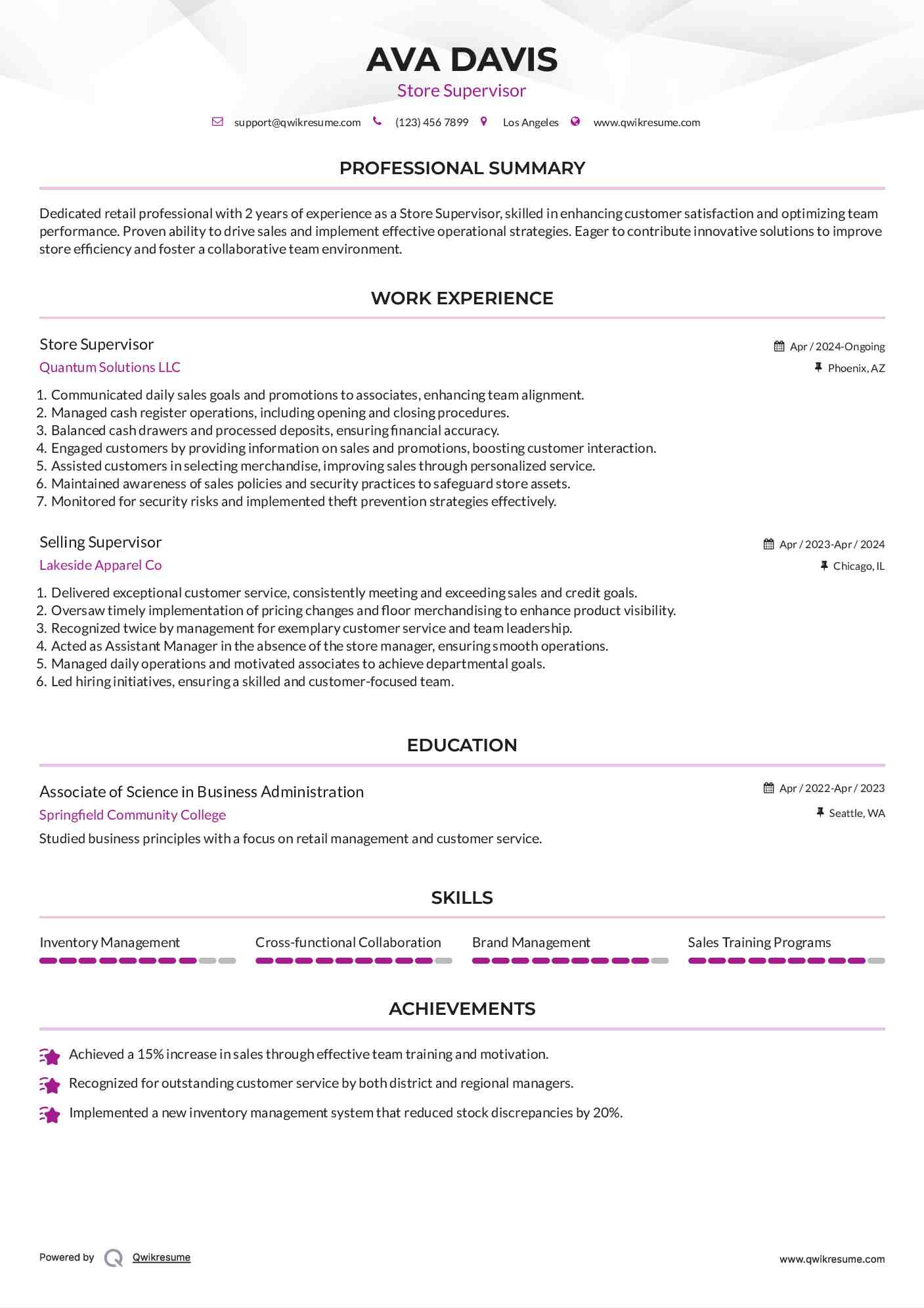 Store Supervisor Resume Sample