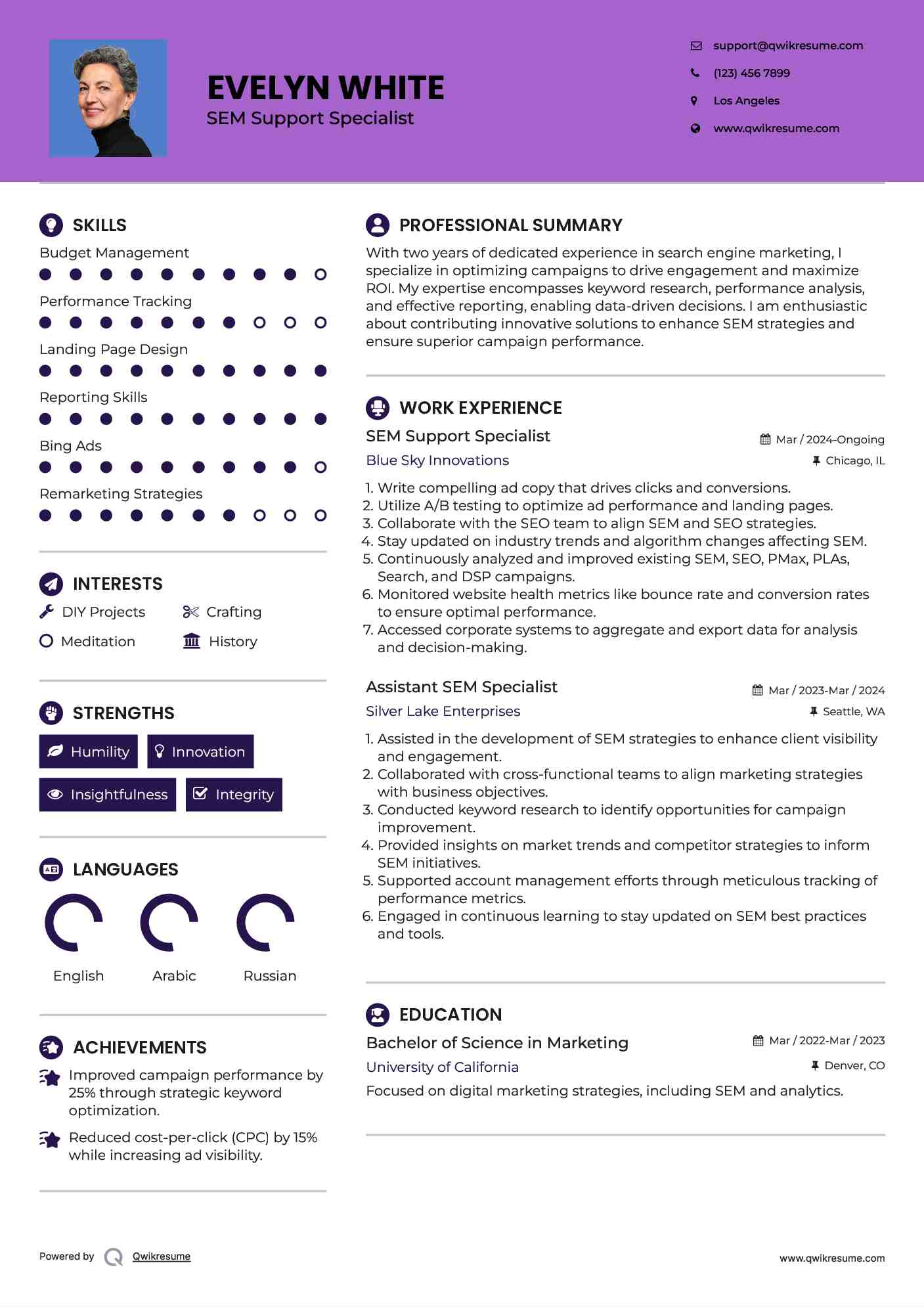SEM Support  Specialist Resume Sample