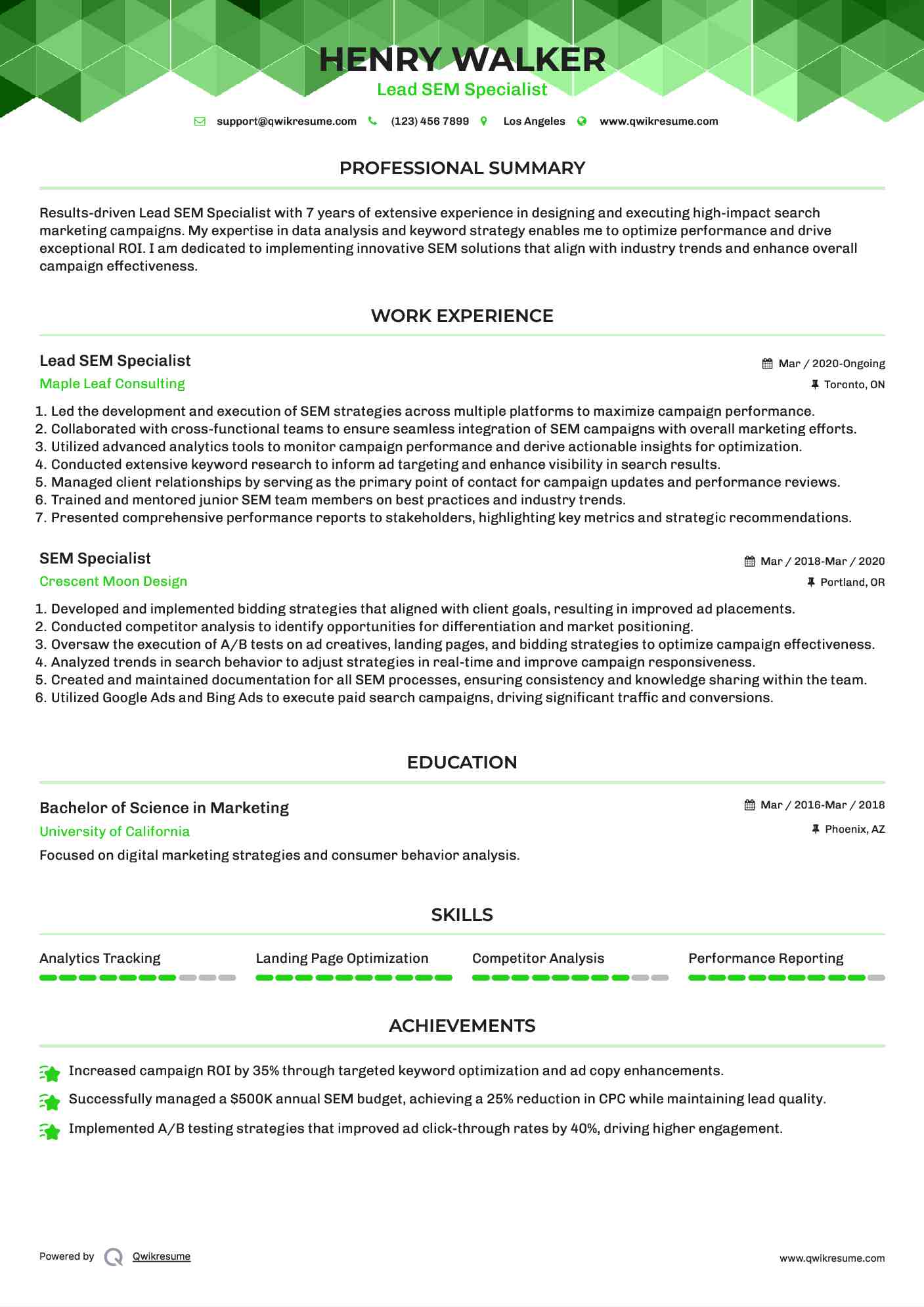 Lead SEM Specialist Resume Format
