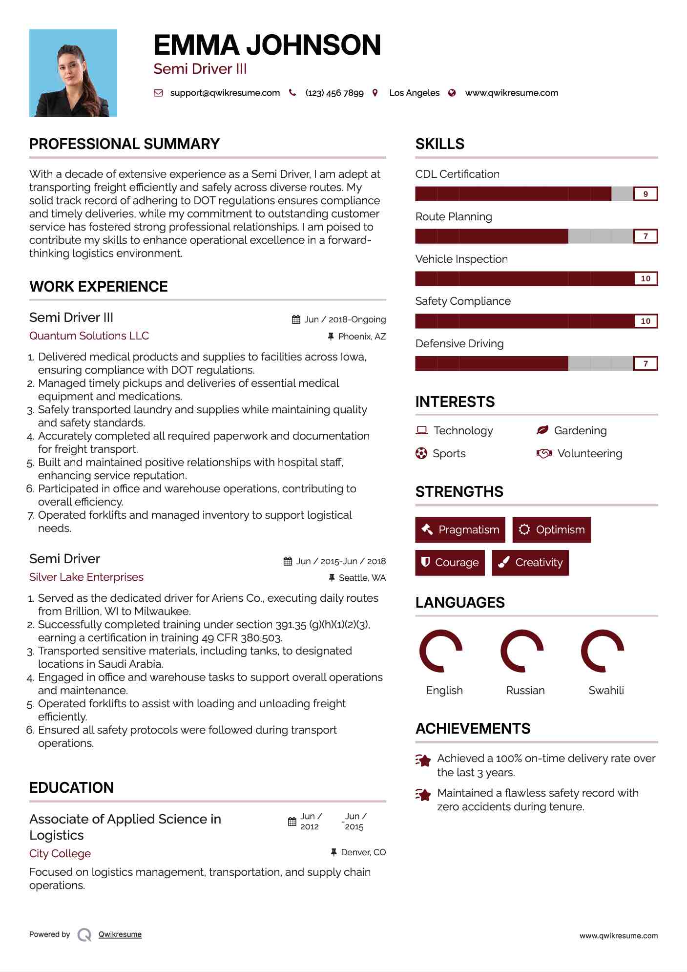 Semi Driver III Resume Model