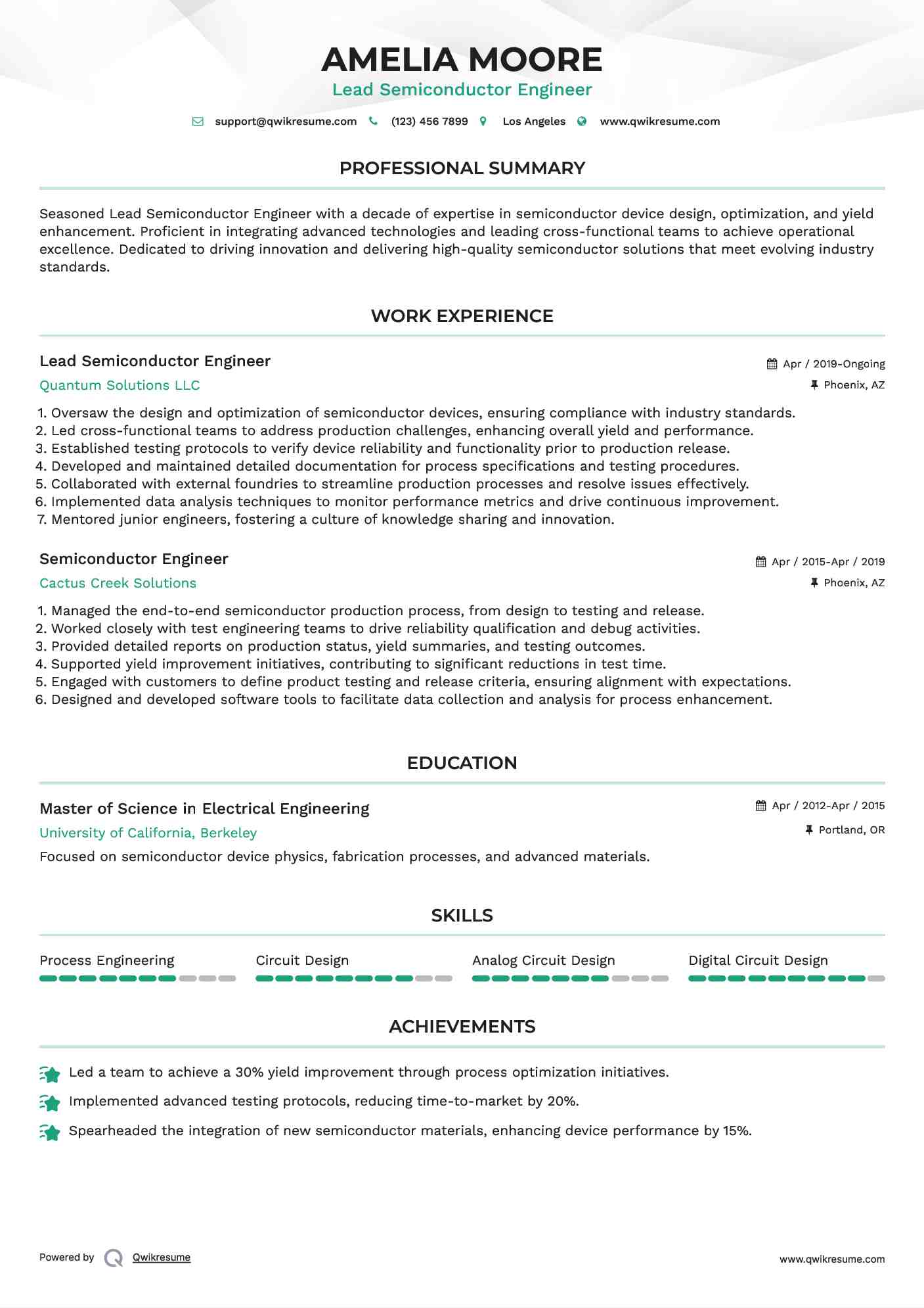 Lead Semiconductor Engineer Resume Model