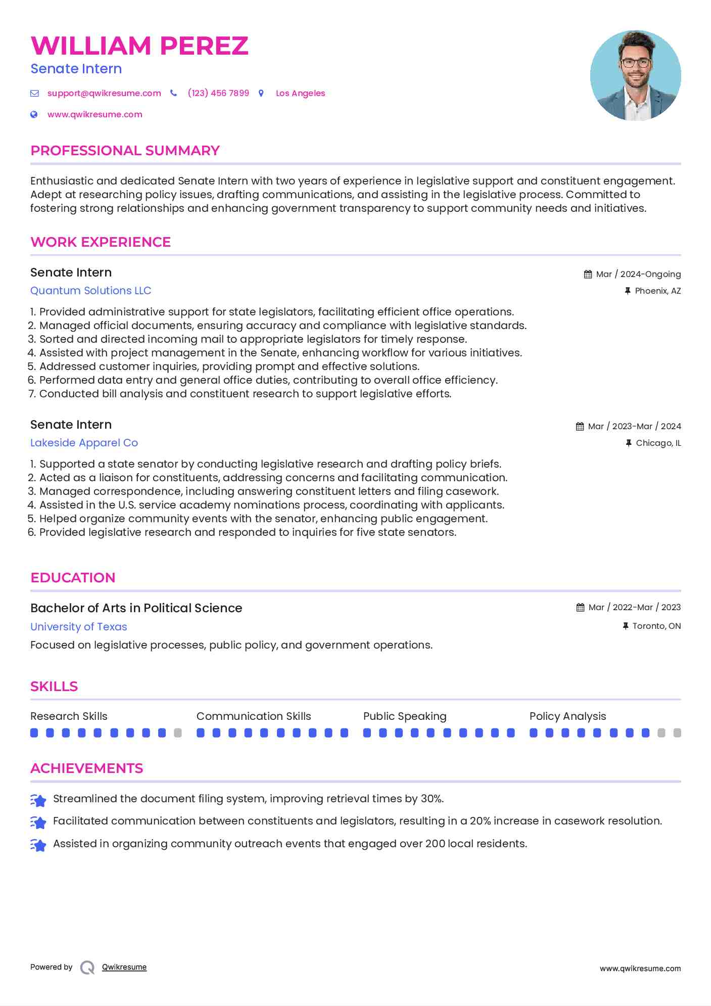 Senate Intern Resume Example