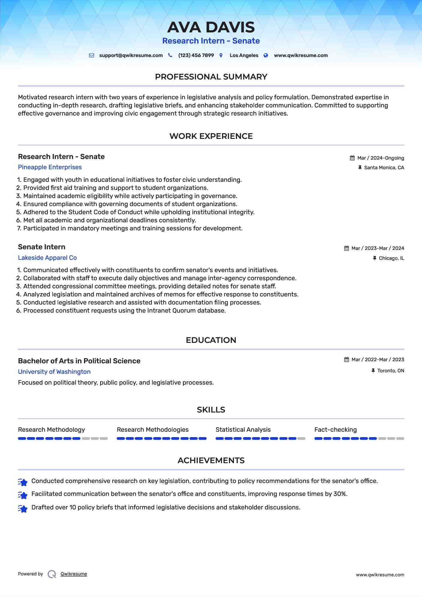 Research Intern - Senate Resume Sample