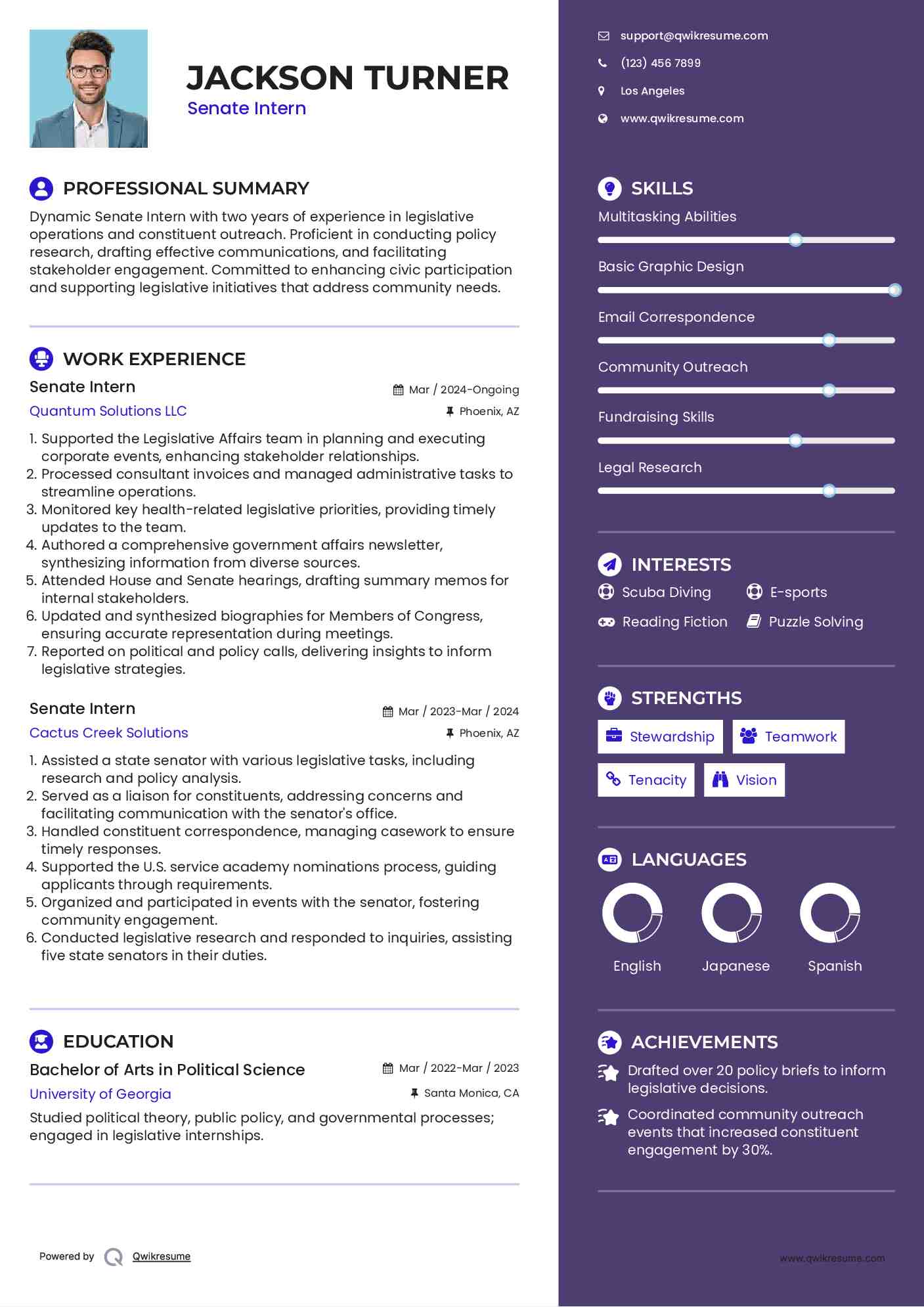 Senate Intern Resume Sample