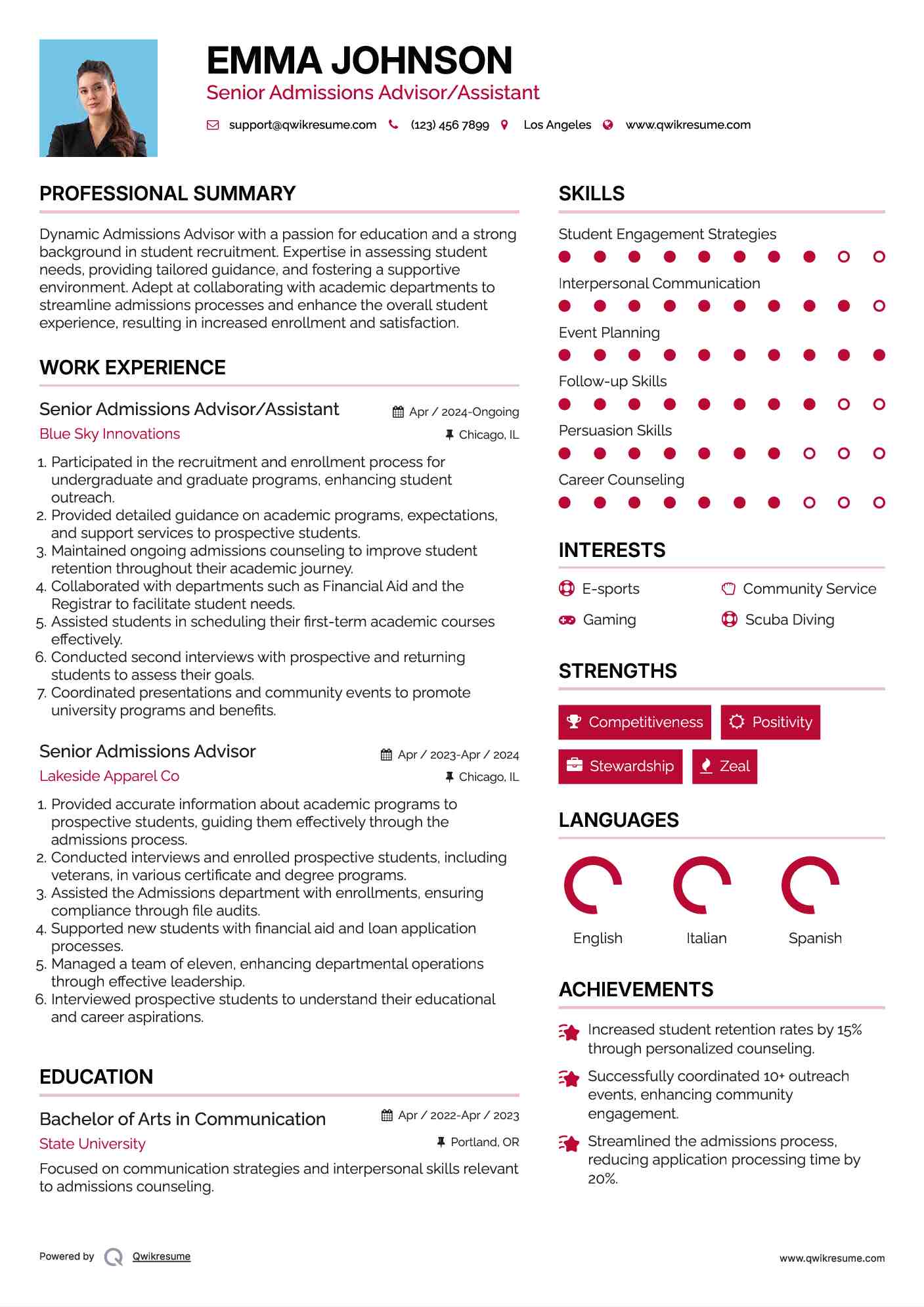 Senior Admissions Advisor/Assistant Resume Sample