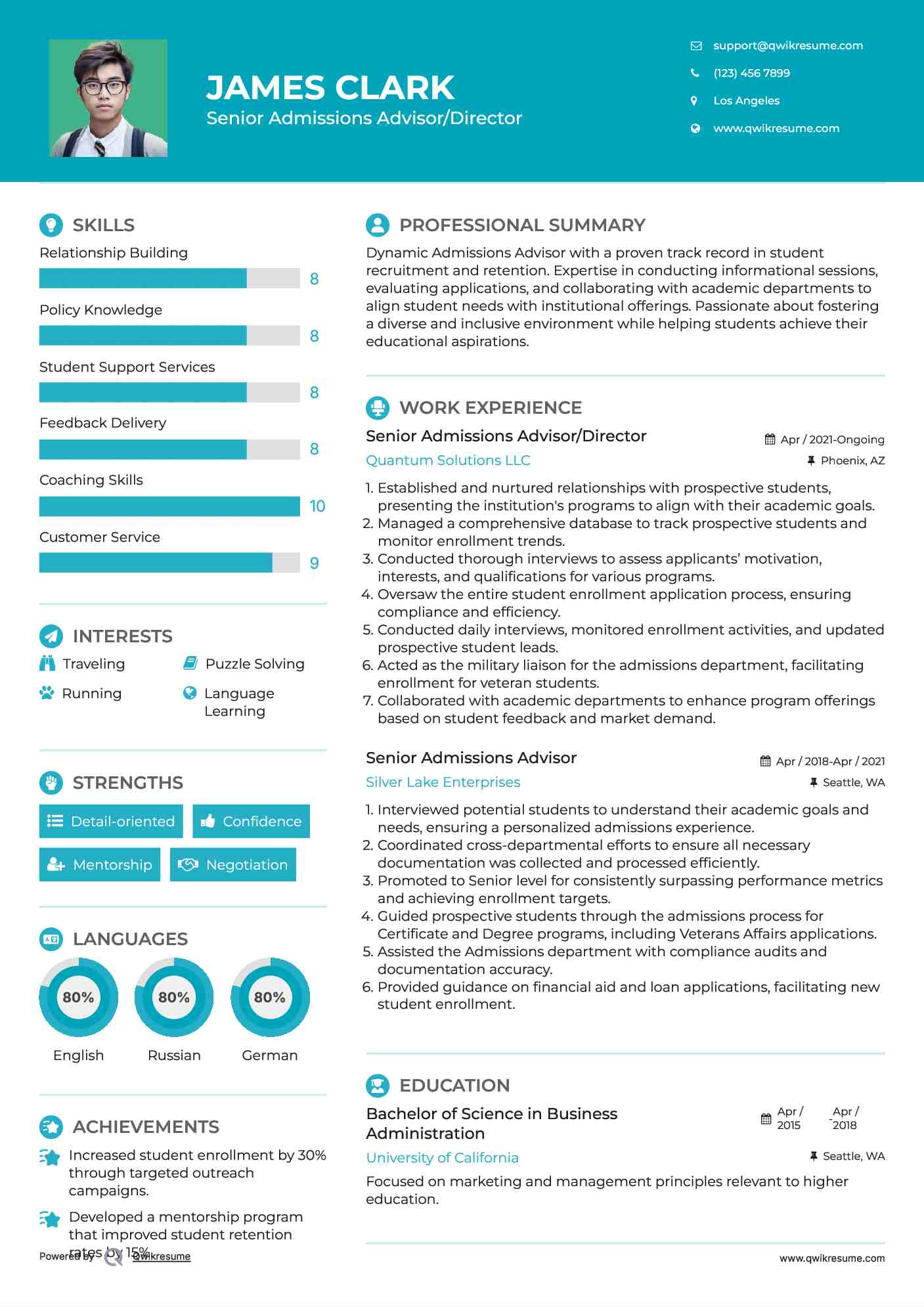 Senior Admissions Advisor/Director Resume Sample