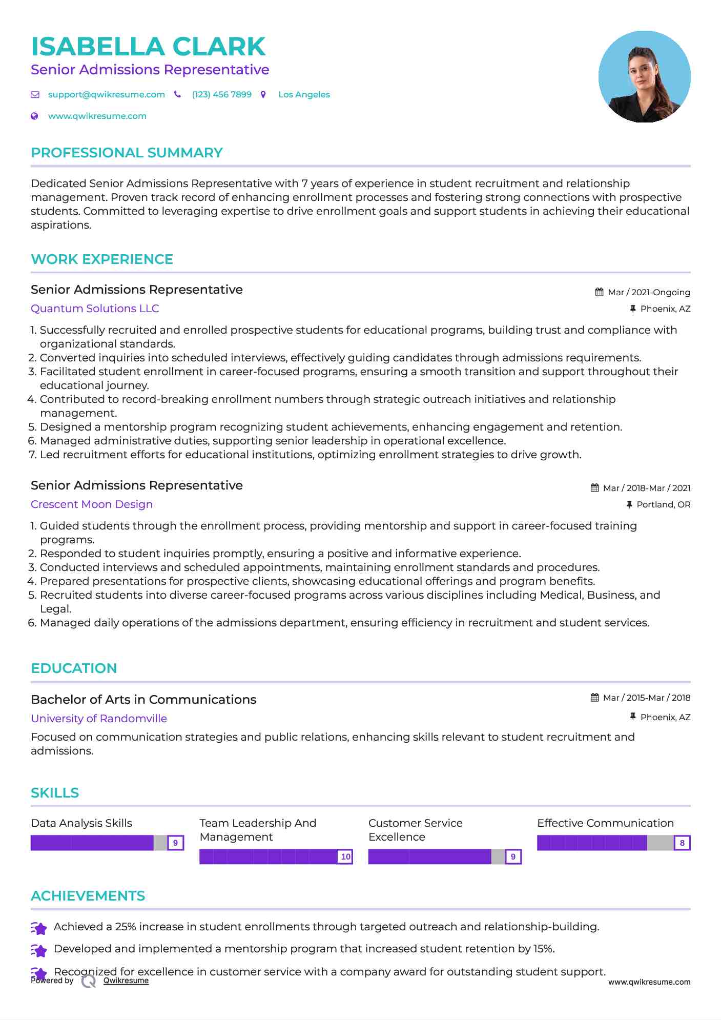 Senior Admissions Representative Resume Model