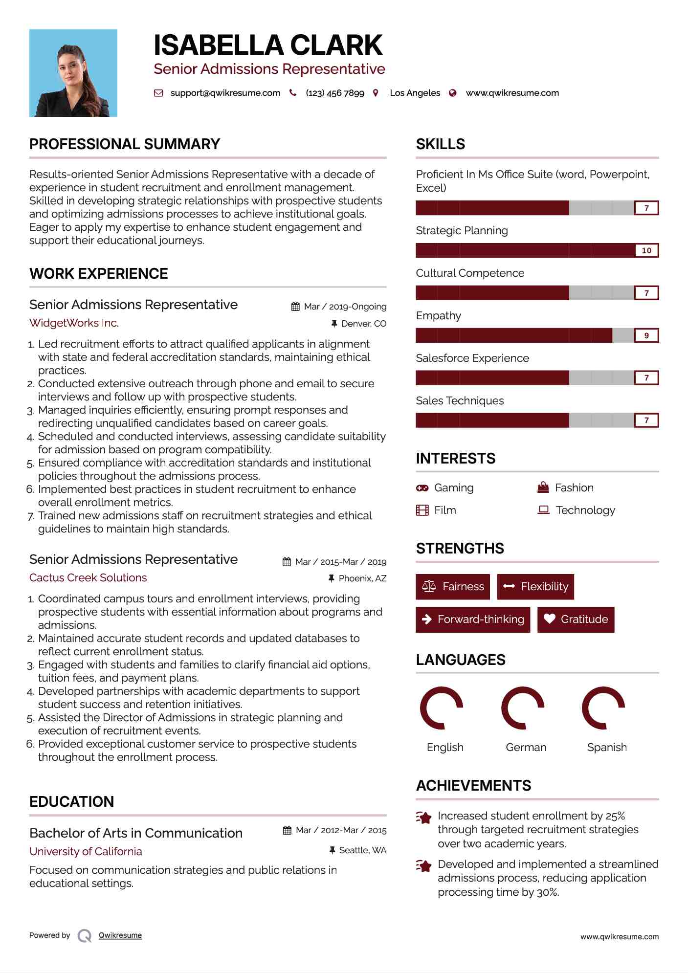 Senior Admissions Representative Resume Example