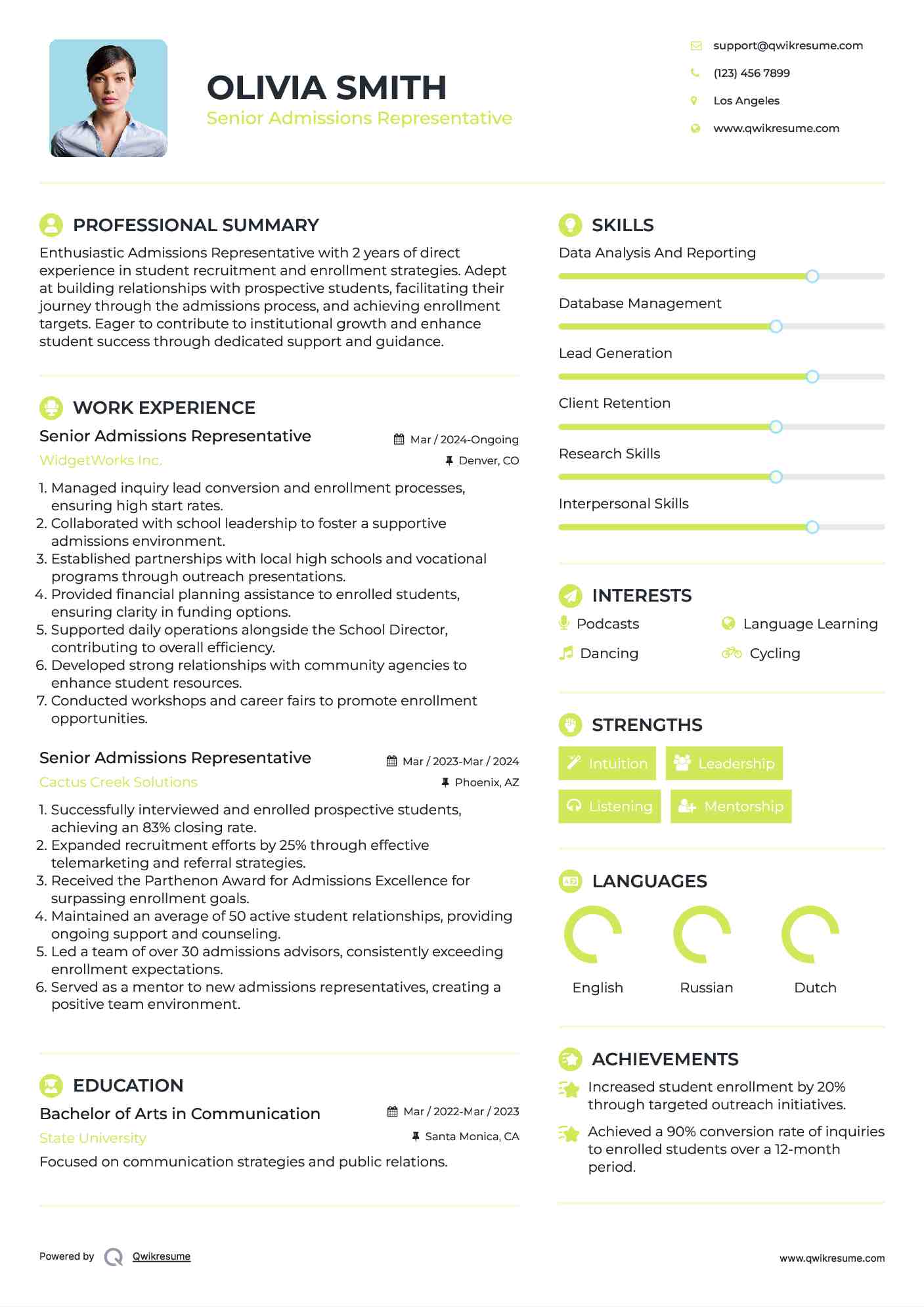 Senior Admissions Representative Resume Example