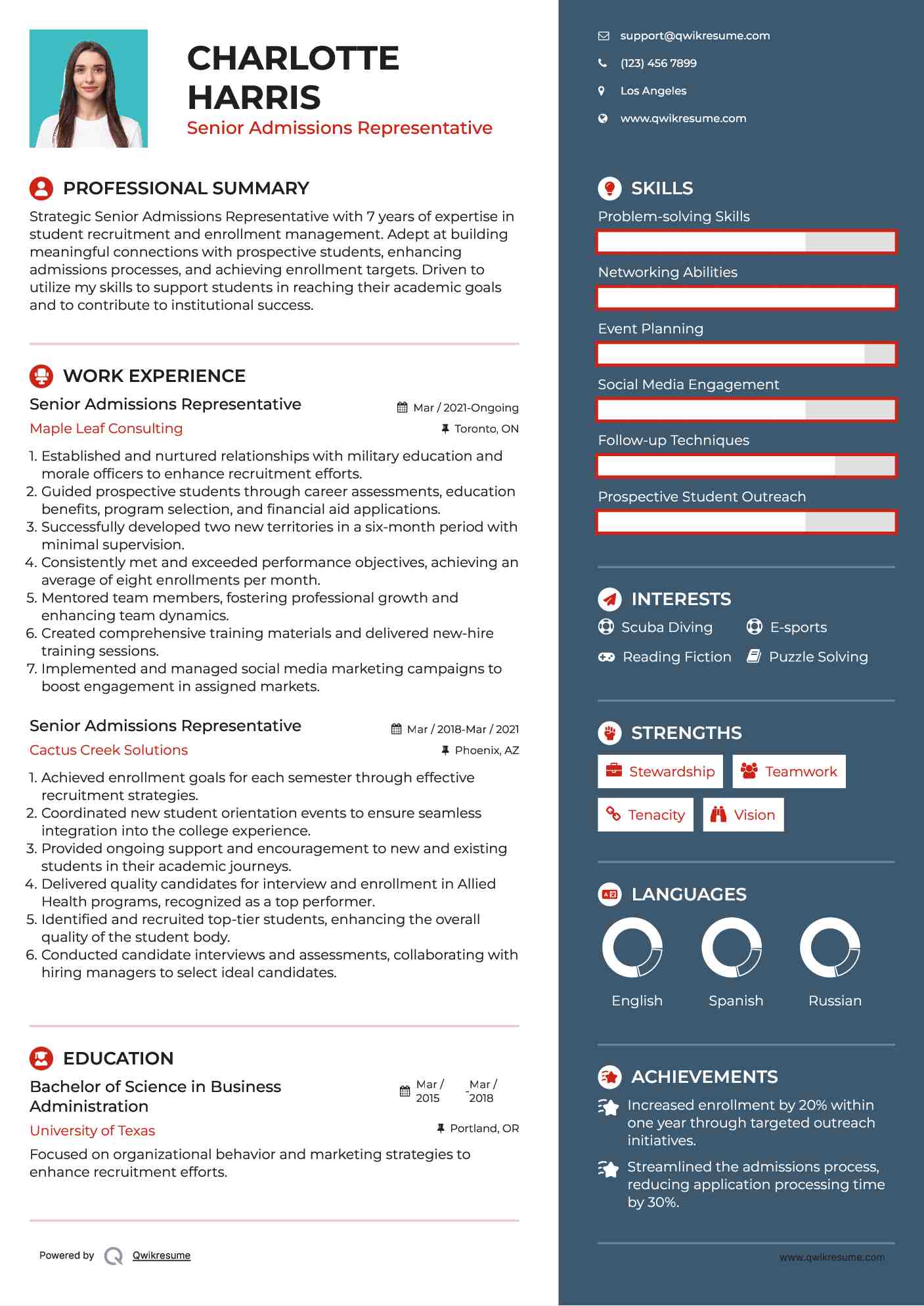 Senior Admissions Representative Resume Format