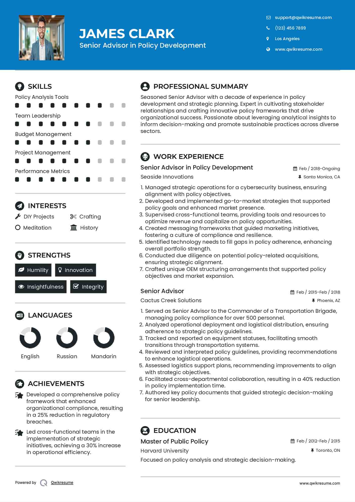 Senior Advisor in Policy Development Resume Template