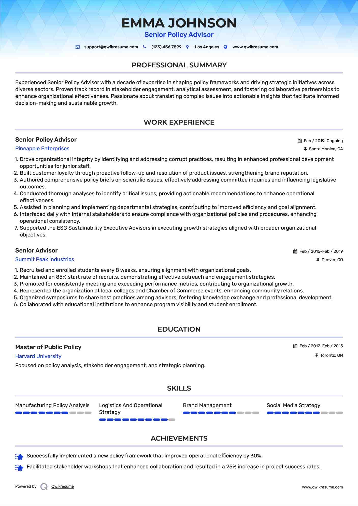 Senior Policy Advisor Resume Format