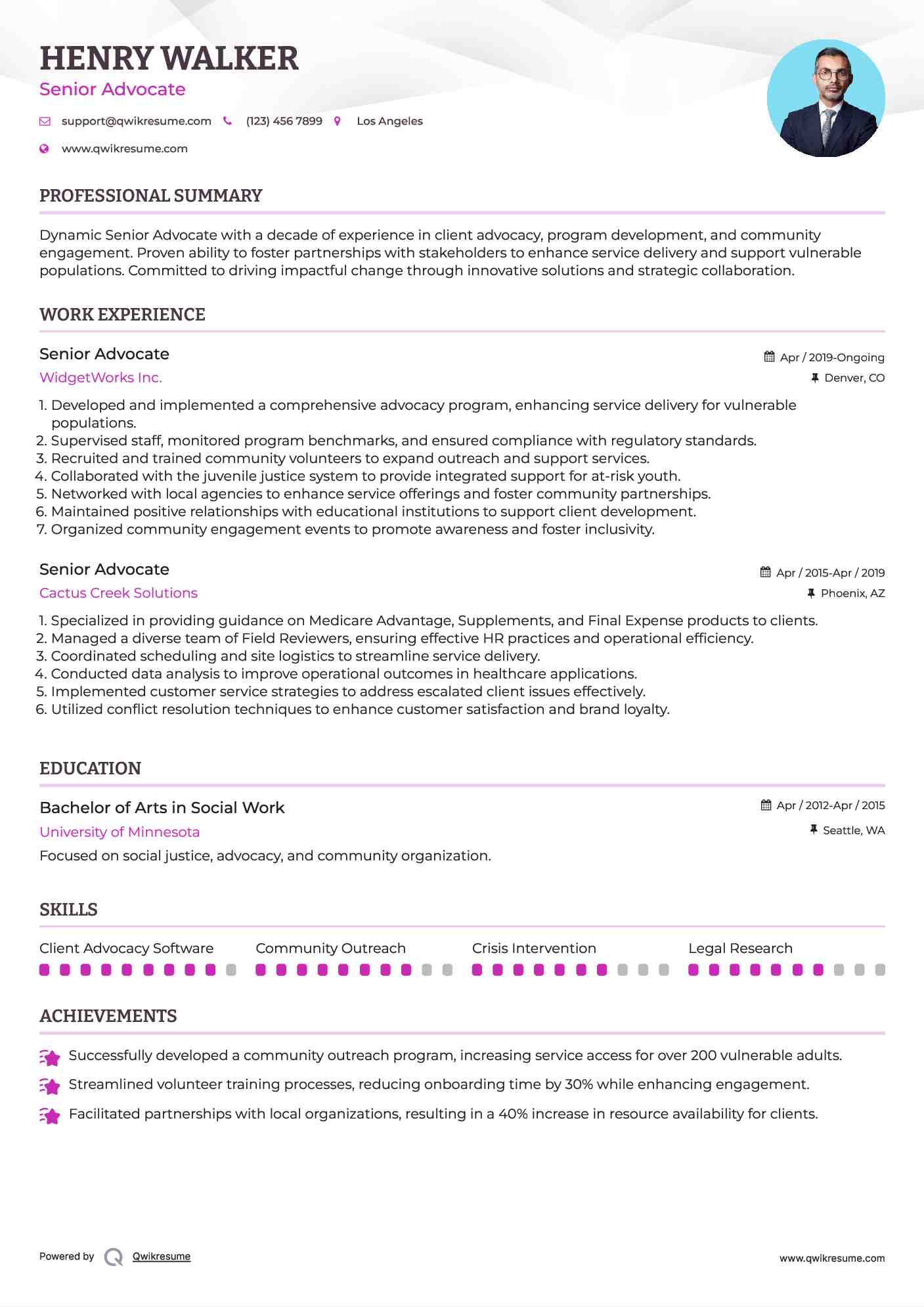 Senior Advocate Resume Sample