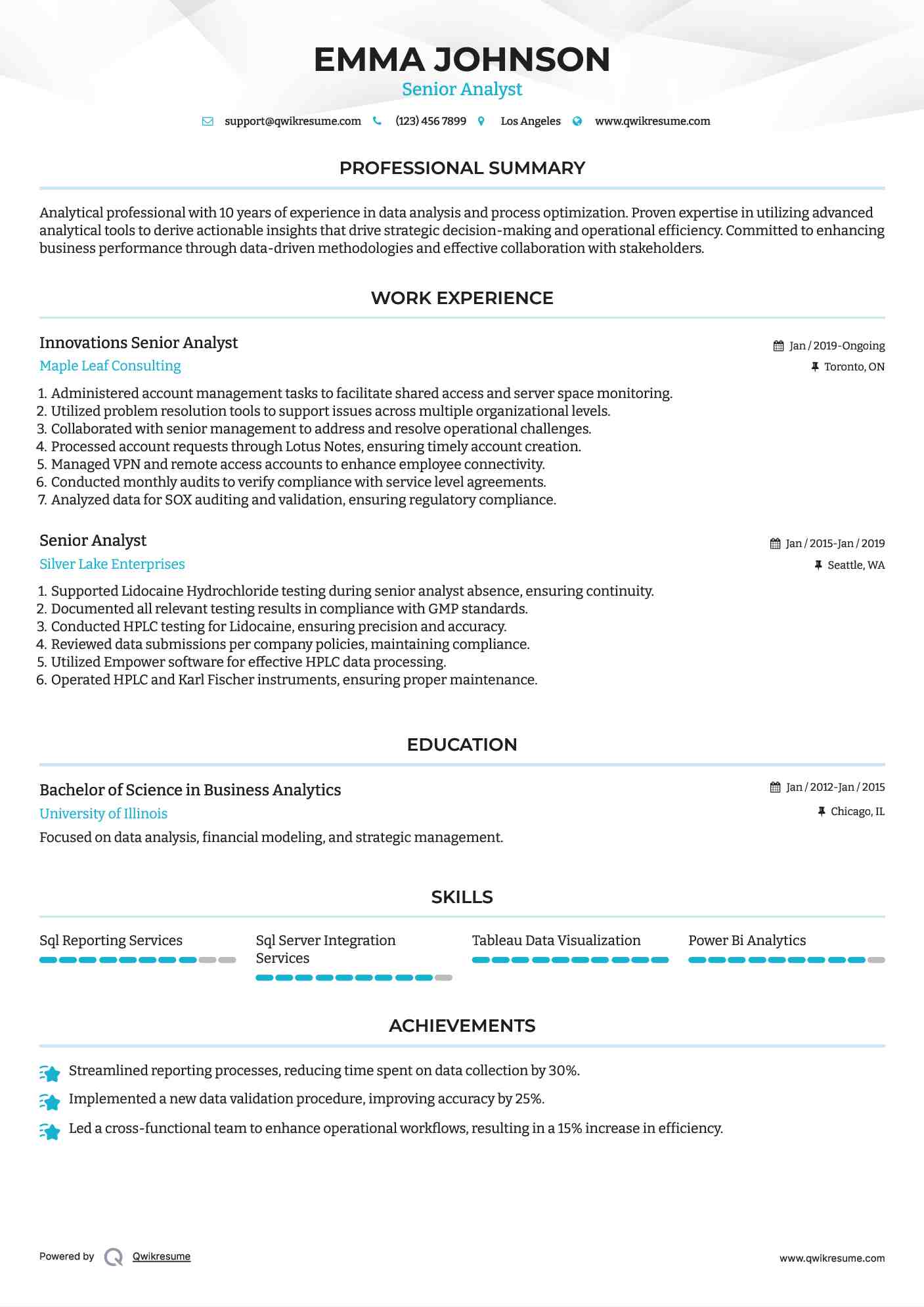 Innovations Senior Analyst Resume Example
